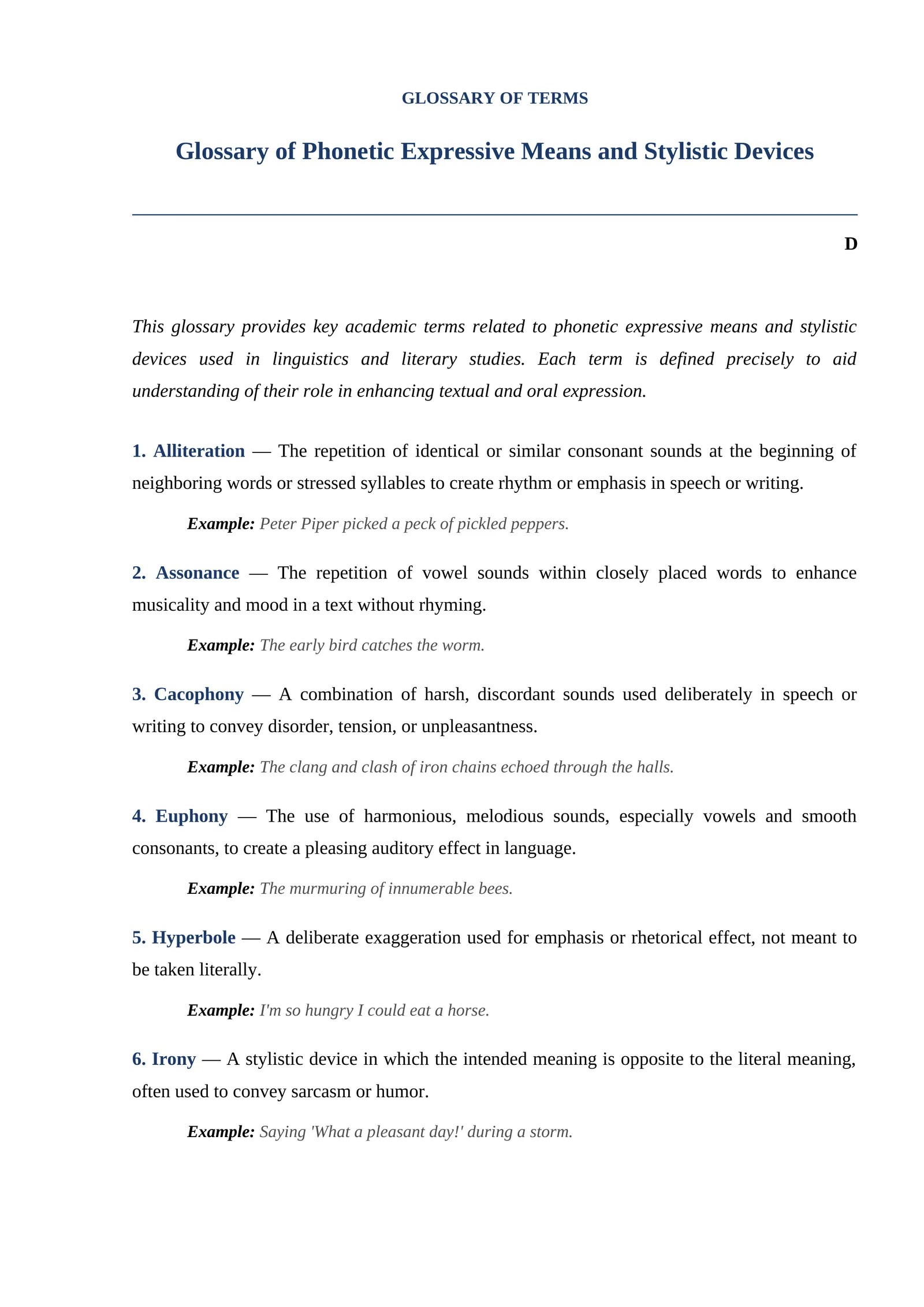 Glossary of Phonetic Expressive Means and Stylistic Devices