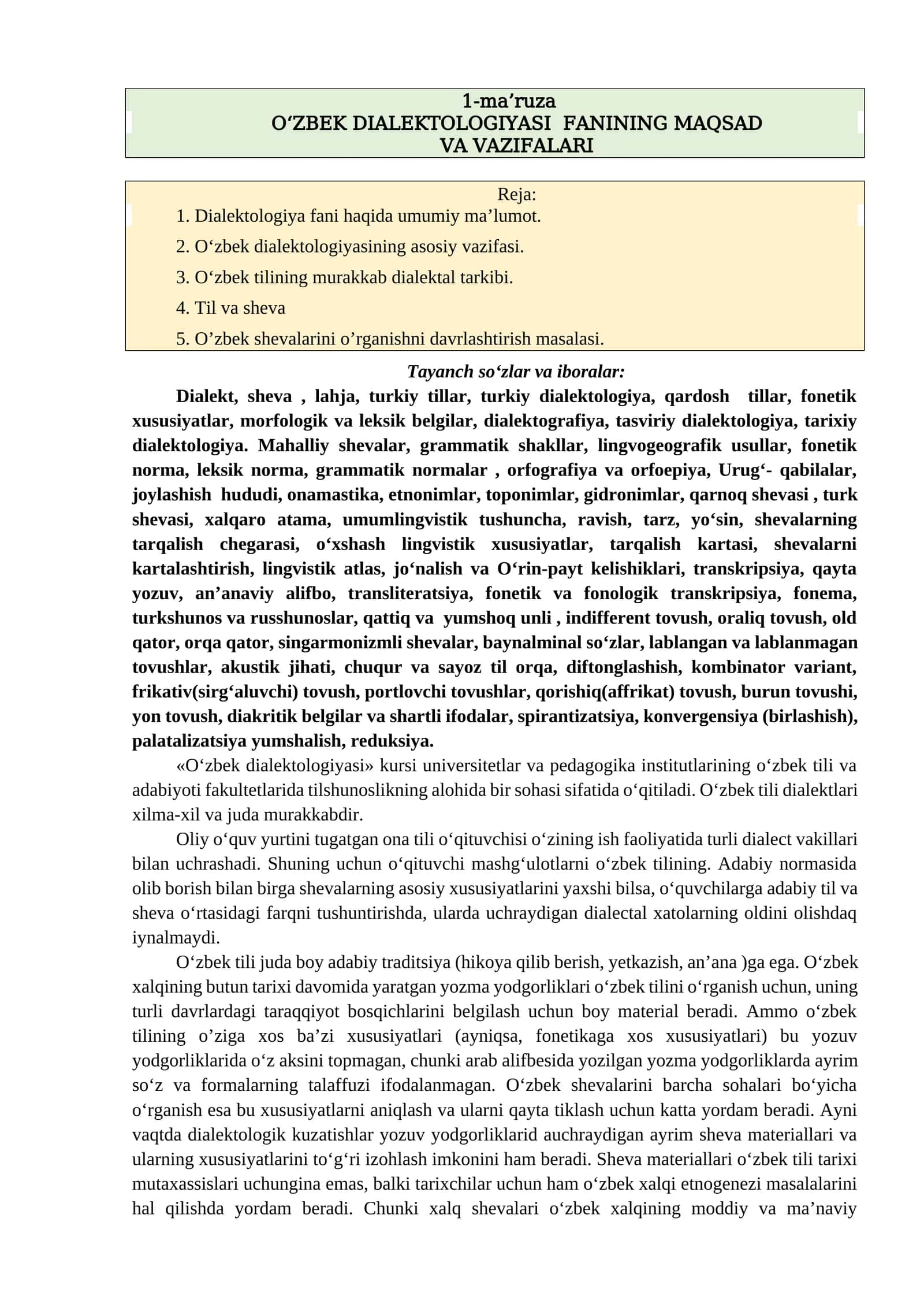 O‘ZBEK DIALEKTOLOGIYASI FANINING MAQSAD VA VAZIFALARI