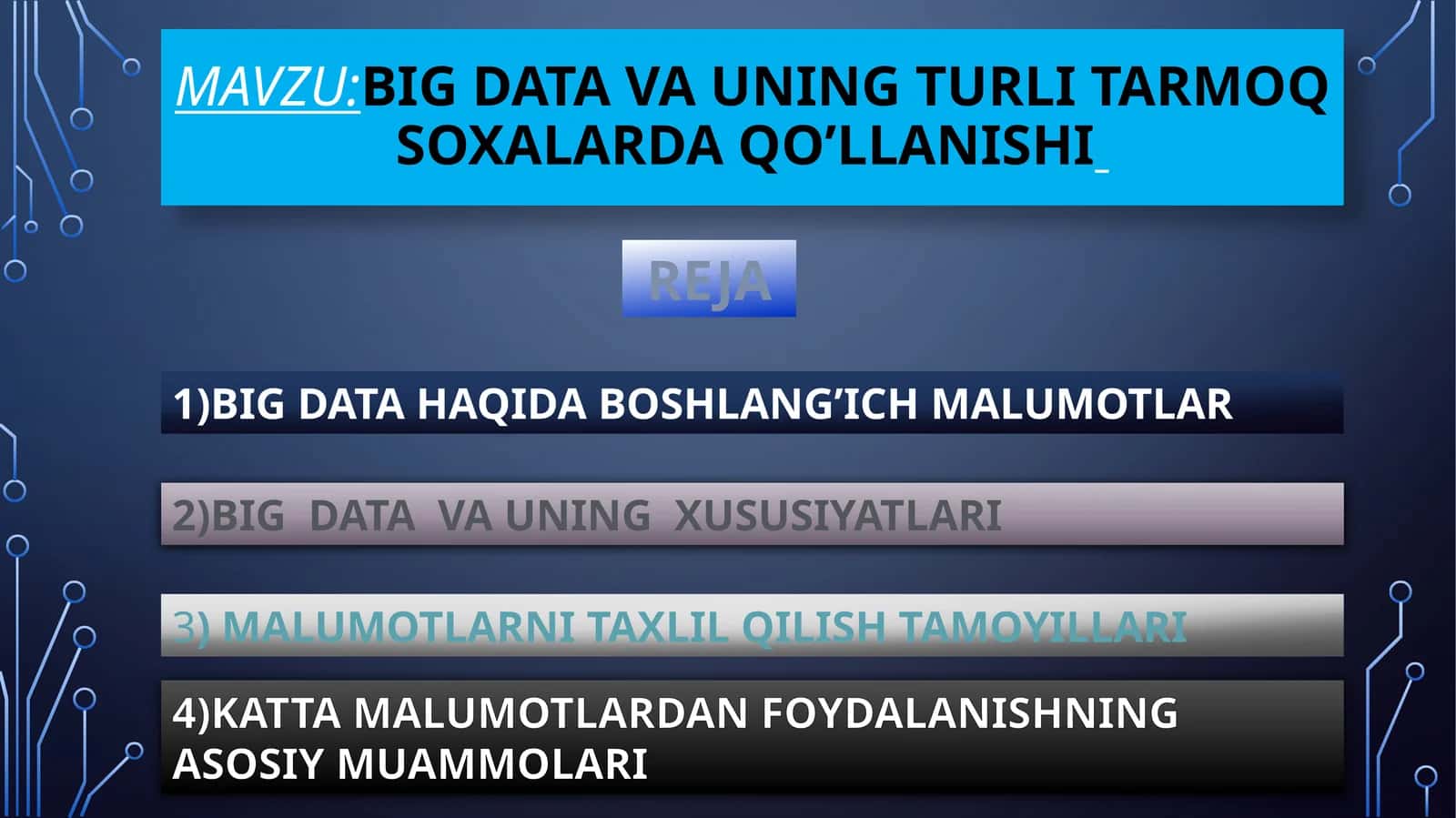BIG DATA va uning turli tarmoq soxalarda qo’llanishi