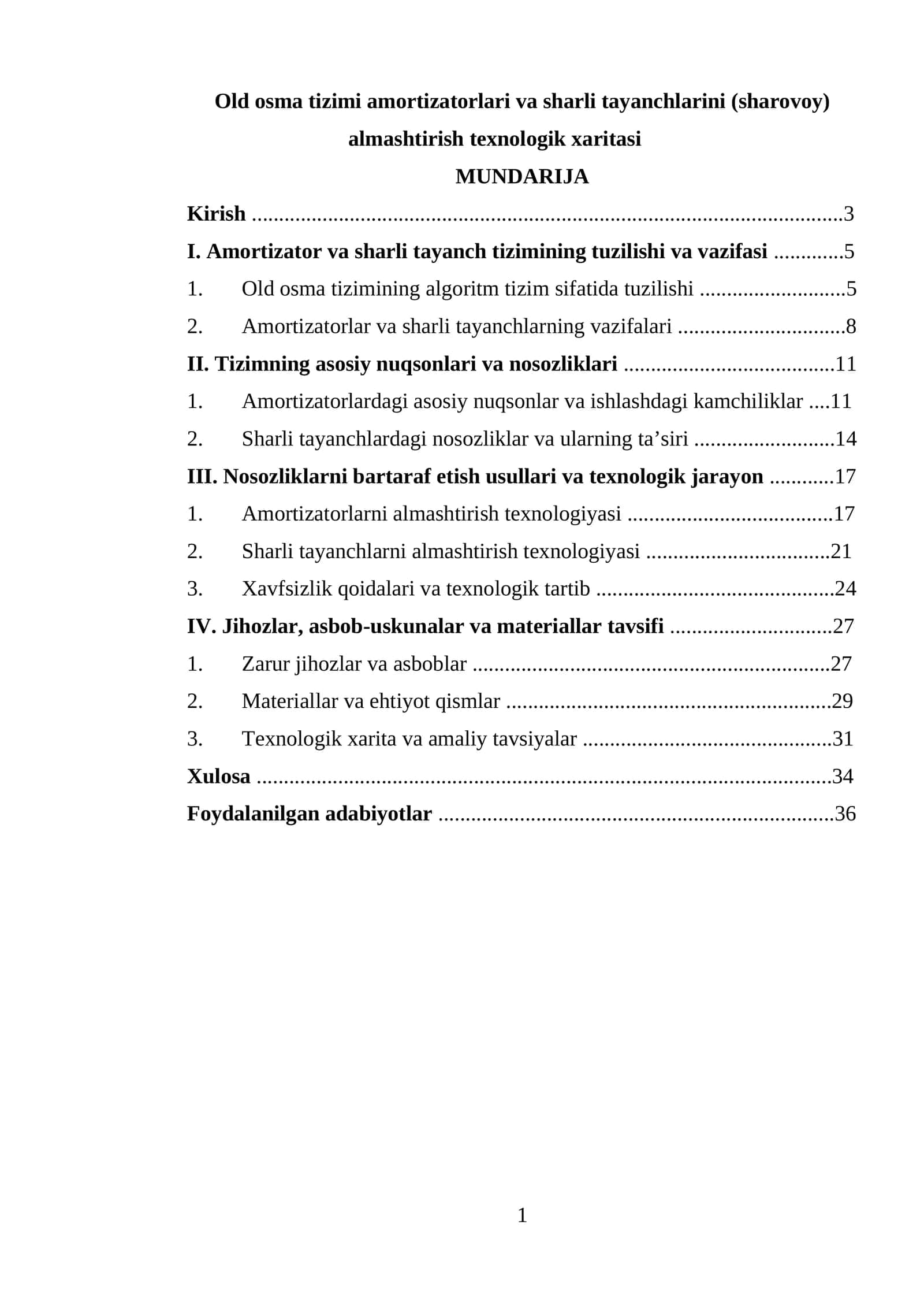 Old osma tizimi amortizatorlari va sharli tayanchlarini (sharovoy) almashtirish texnologik xaritasi