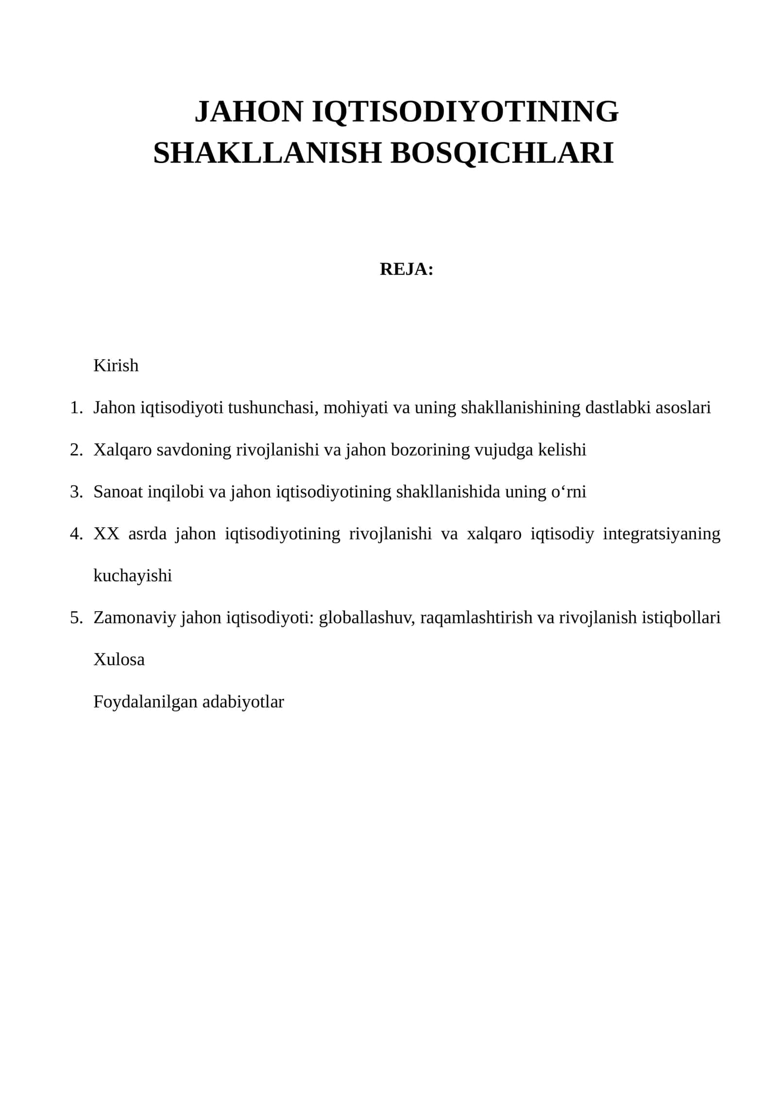 JAHON IQTISODIYOTINING SHAKLLANISH BOSQICHLARI