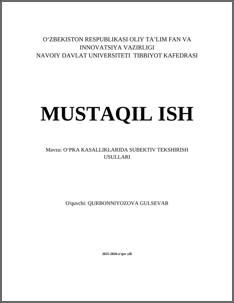 OʻPKA KASALLIKLARIDA SUBEKTIV TEKSHIRISH USULLARI