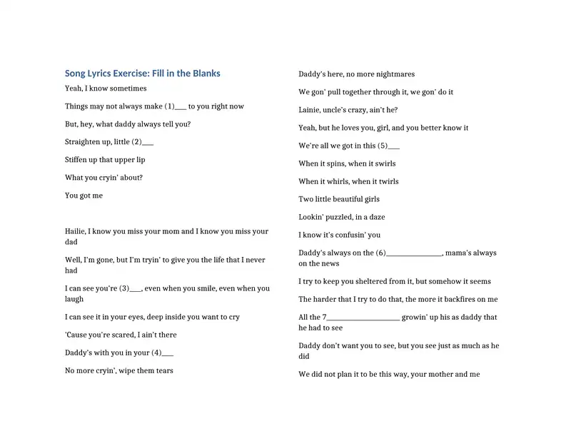 Song Lyrics Exercise: Fill in the Blanks