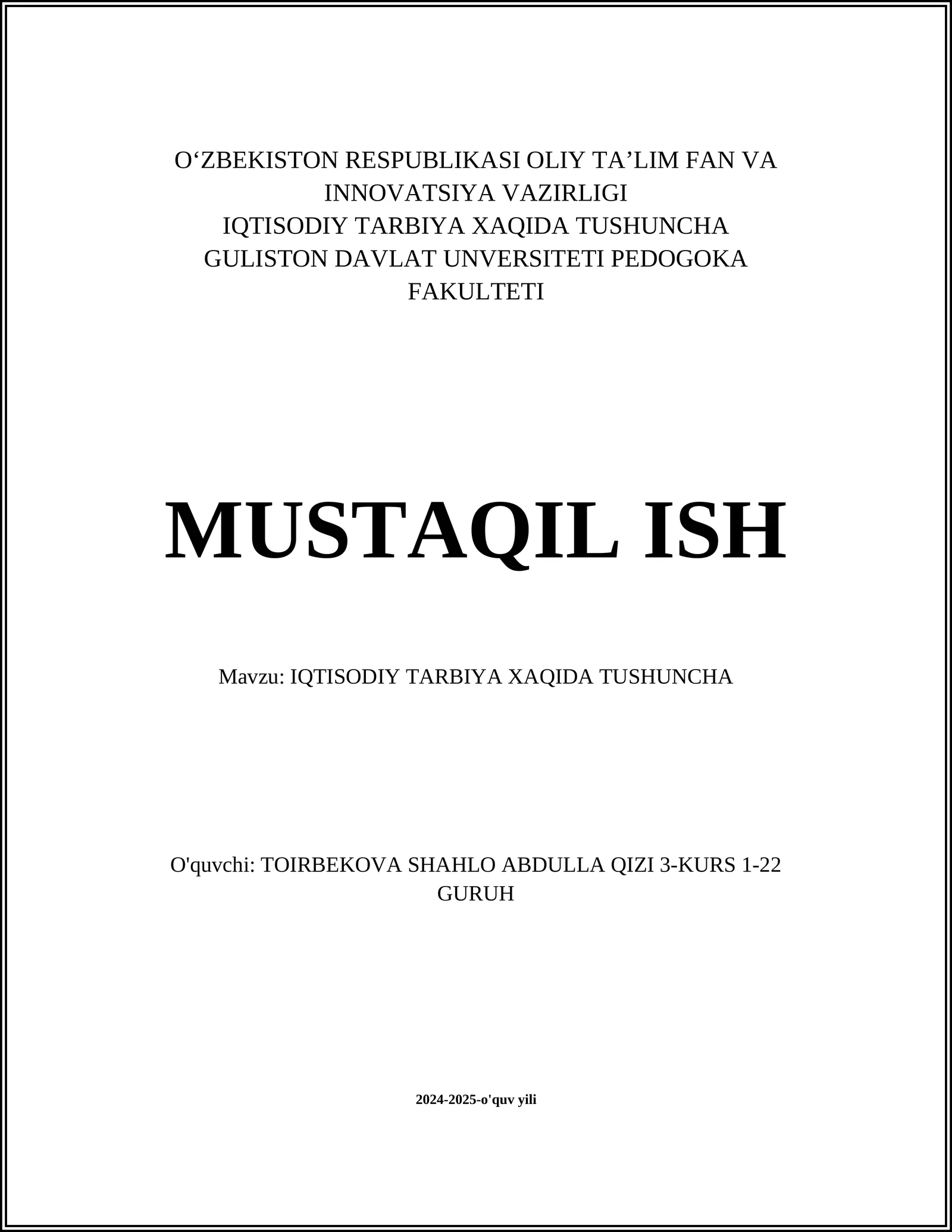 IQTISODIY TARBIYA XAQIDA TUSHUNCHA