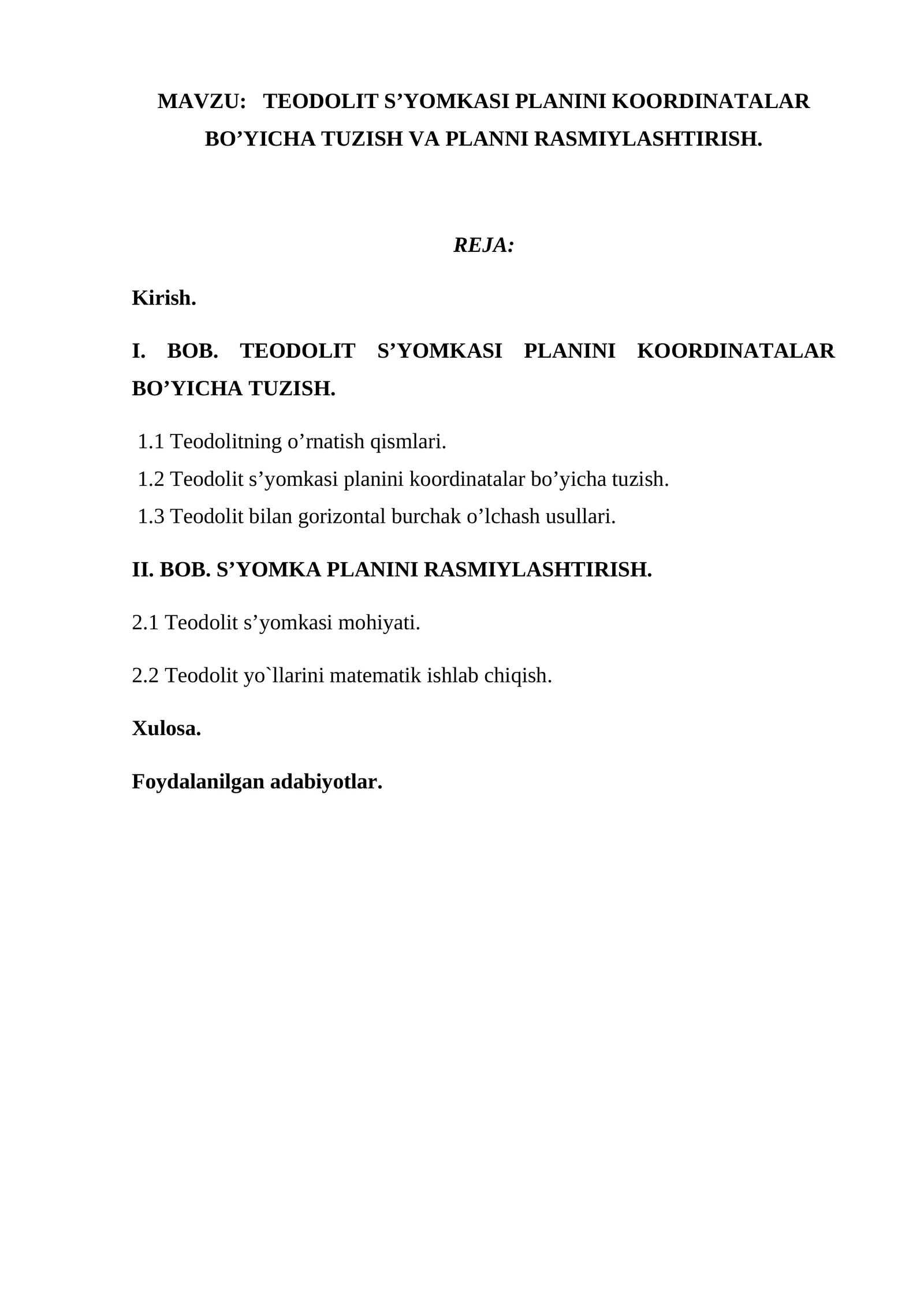 TEODOLIT S’YOMKASI PLANINI KOORDINATALAR BO’YICHA TUZISH VA PLANNI RASMIYLASHTIRISH