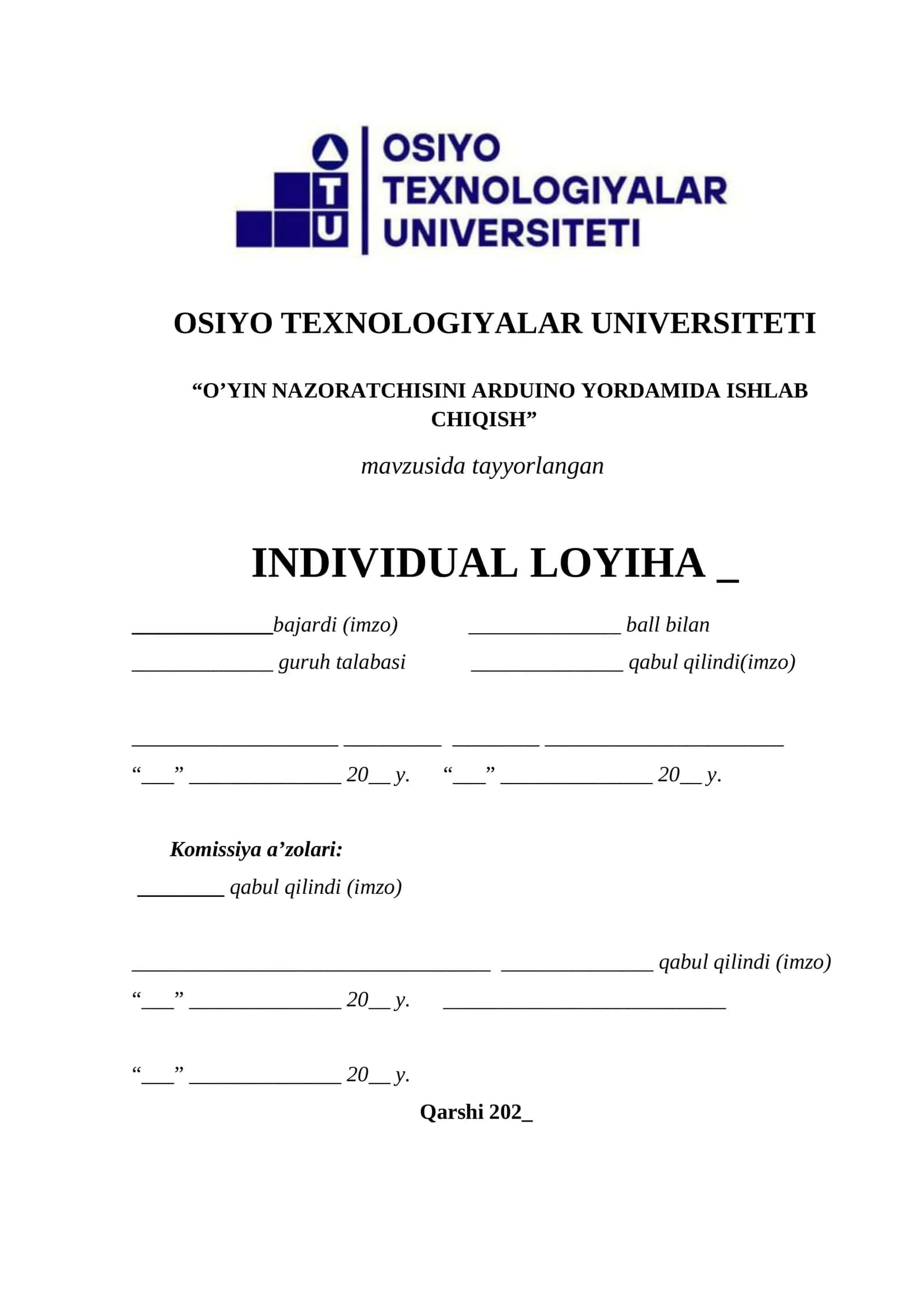 O’YIN NAZORATCHISINI ARDUINO YORDAMIDA ISHLAB CHIQISH