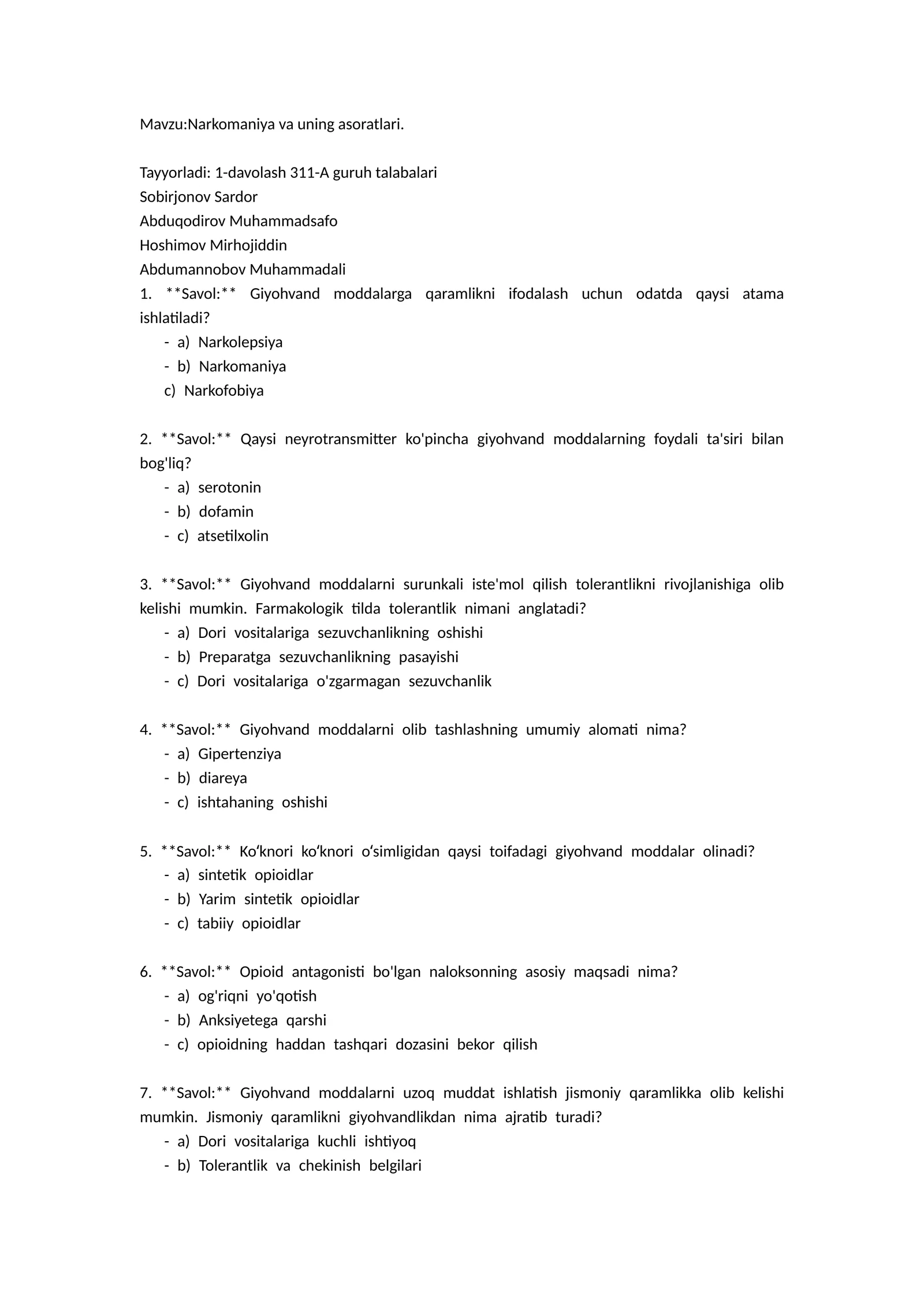 Narkomaniya va uning asoratlari