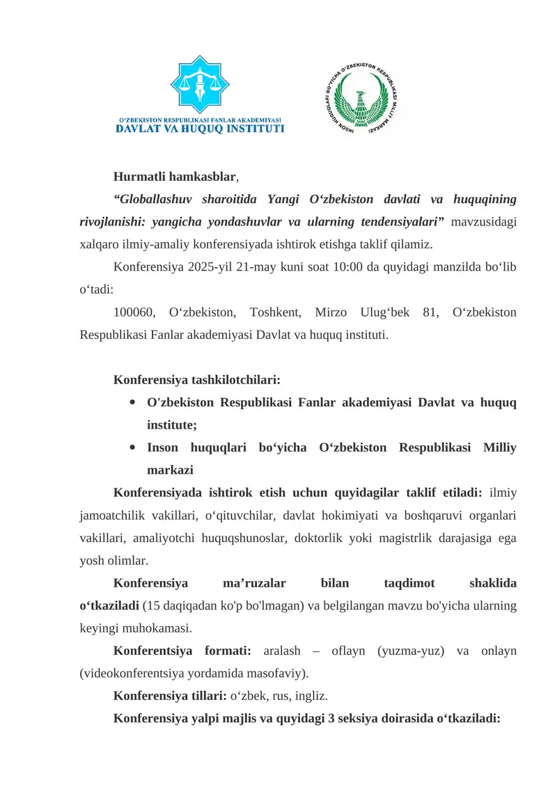 "Globallashuv sharoitida Yangi O‘zbekiston davlati va huquqining rivojlanishi: yangicha yondashuvlar va ularning tendensiyalari" Konferensiya