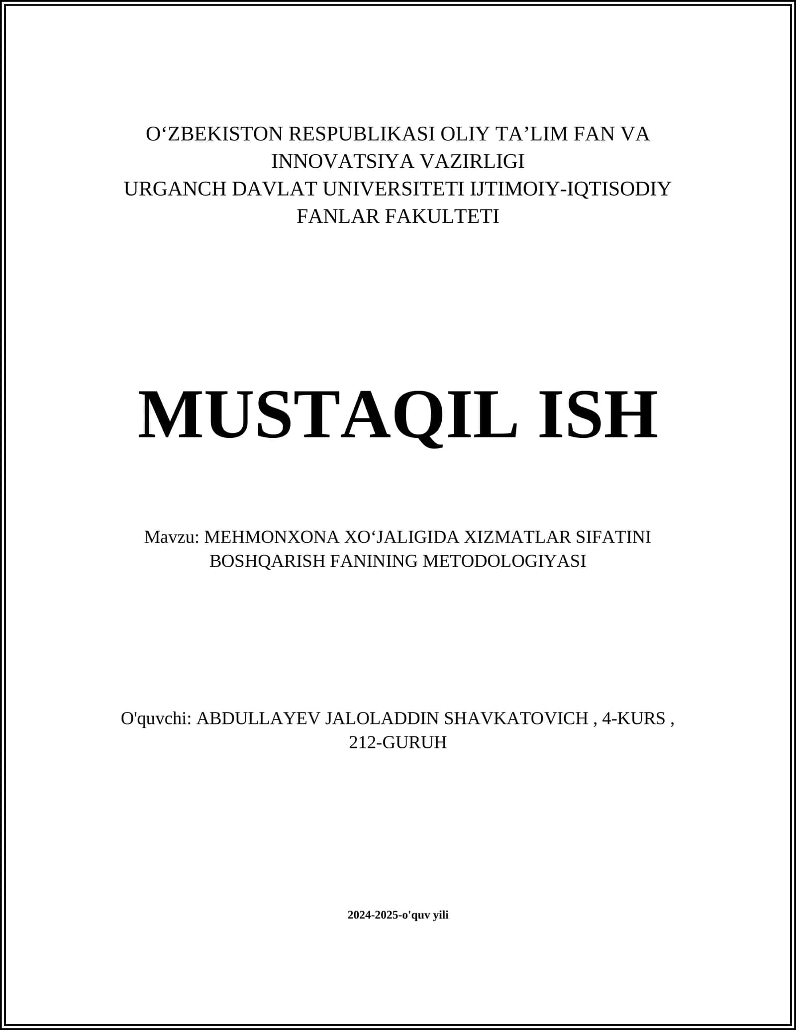 MEHMONXONA XOʻJALIGIDA XIZMATLAR SIFATINI BOSHQARISH FANINING METODOLOGIYASI