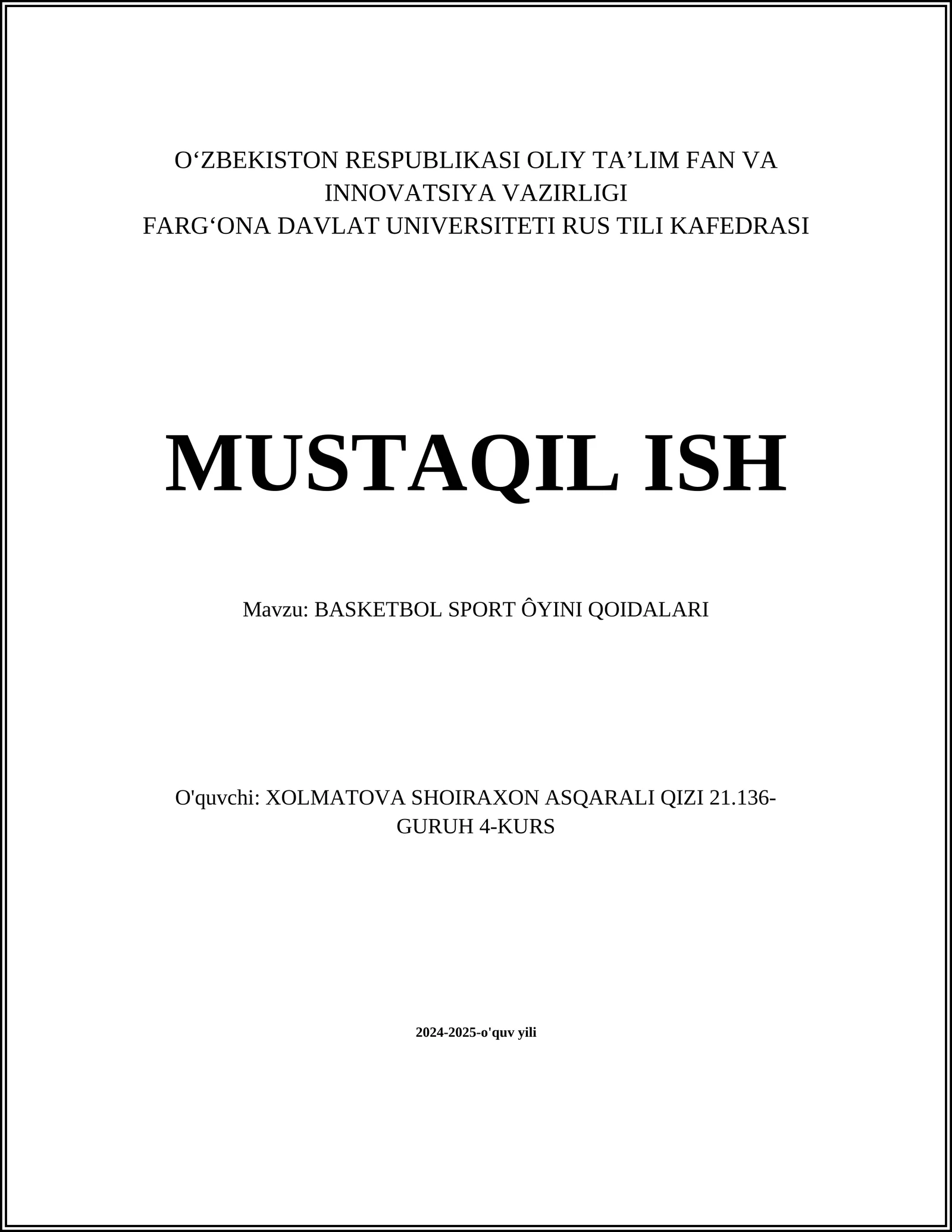 BASKETBOL SPORT ÔYINI QOIDALARI