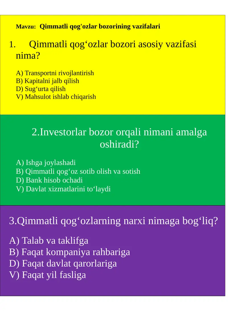 Qimmatli qog'ozlar bozorining vazifalari