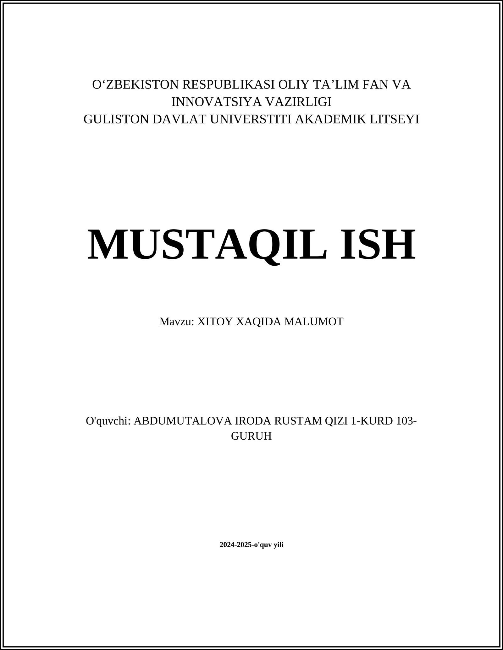 XITOY XAQIDA MALUMOT