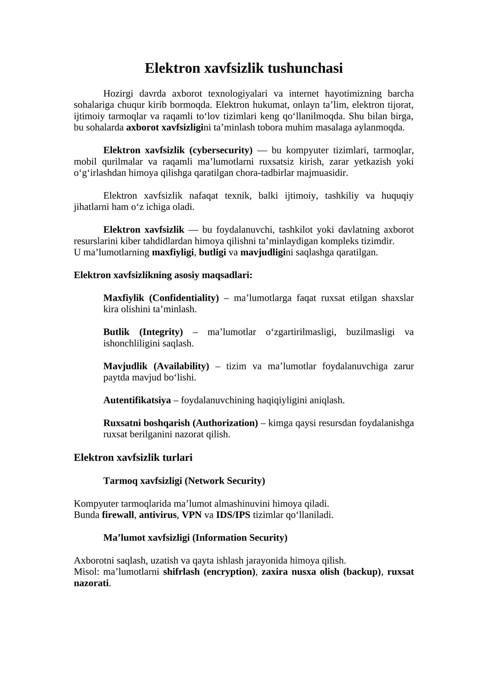 Elektron xavfsizlik tushunchasi