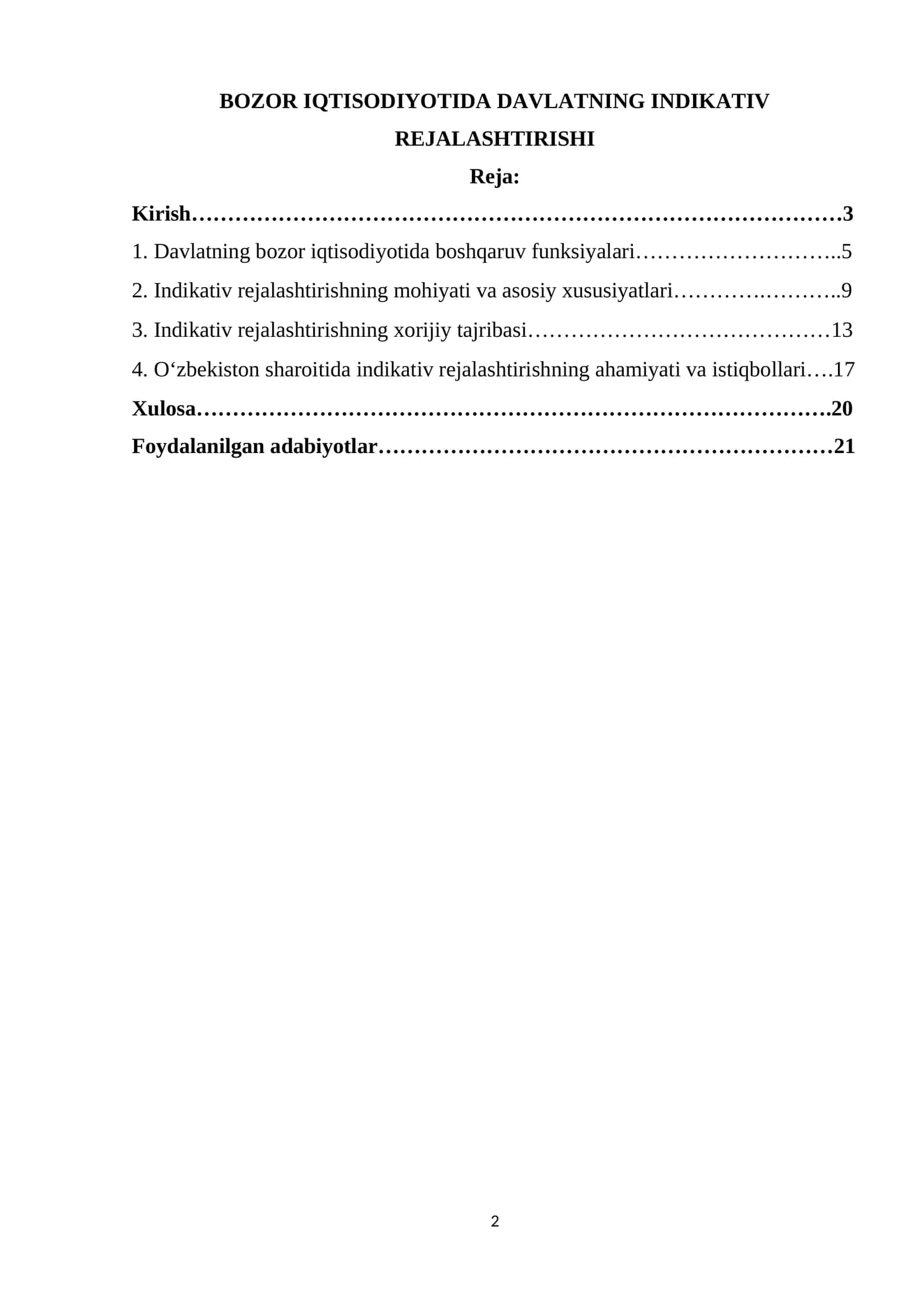 BOZOR IQTISODIYOTIDA DAVLATNING INDIKATIV REJALASHTIRISHI