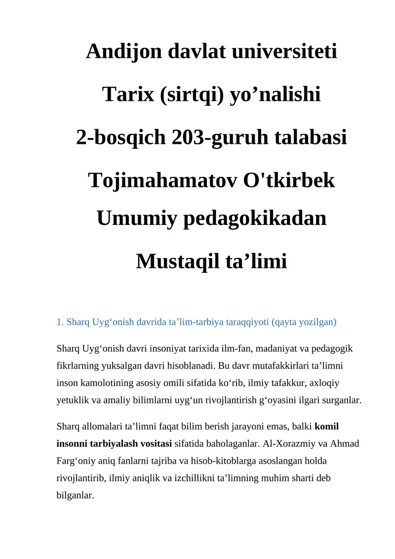 Sharq Uyg‘onish davri ta’lim-tarbiya taraqqiyoti