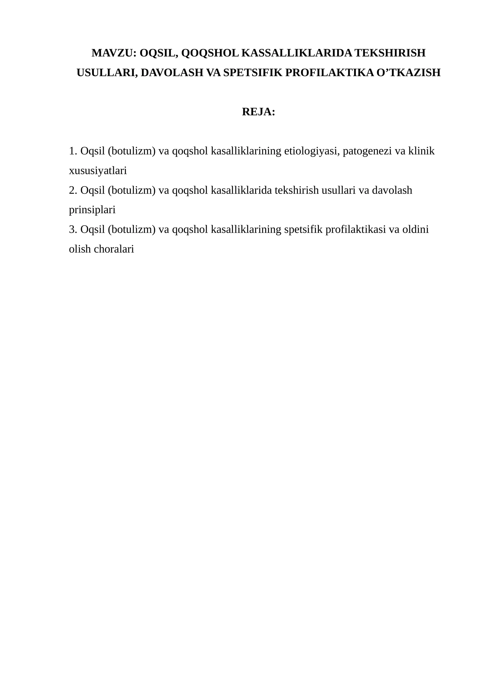 Oqsil (Botulizm) va Qoqshol Kasalliklari