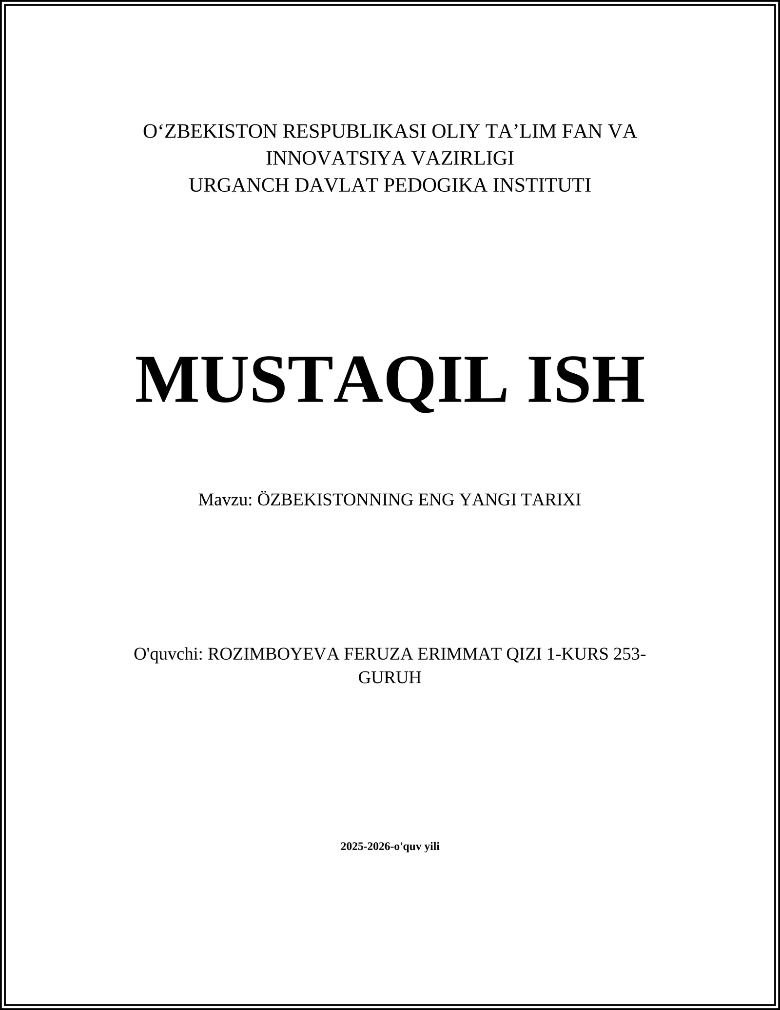 ÖZBEKISTONNING ENG YANGI TARIXI
