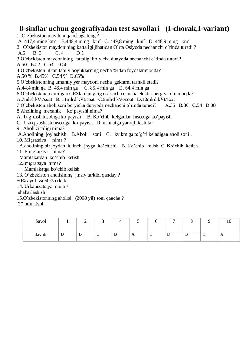 8-sinflar uchun geografiyadan test savollari (I-chorak,I-variant)