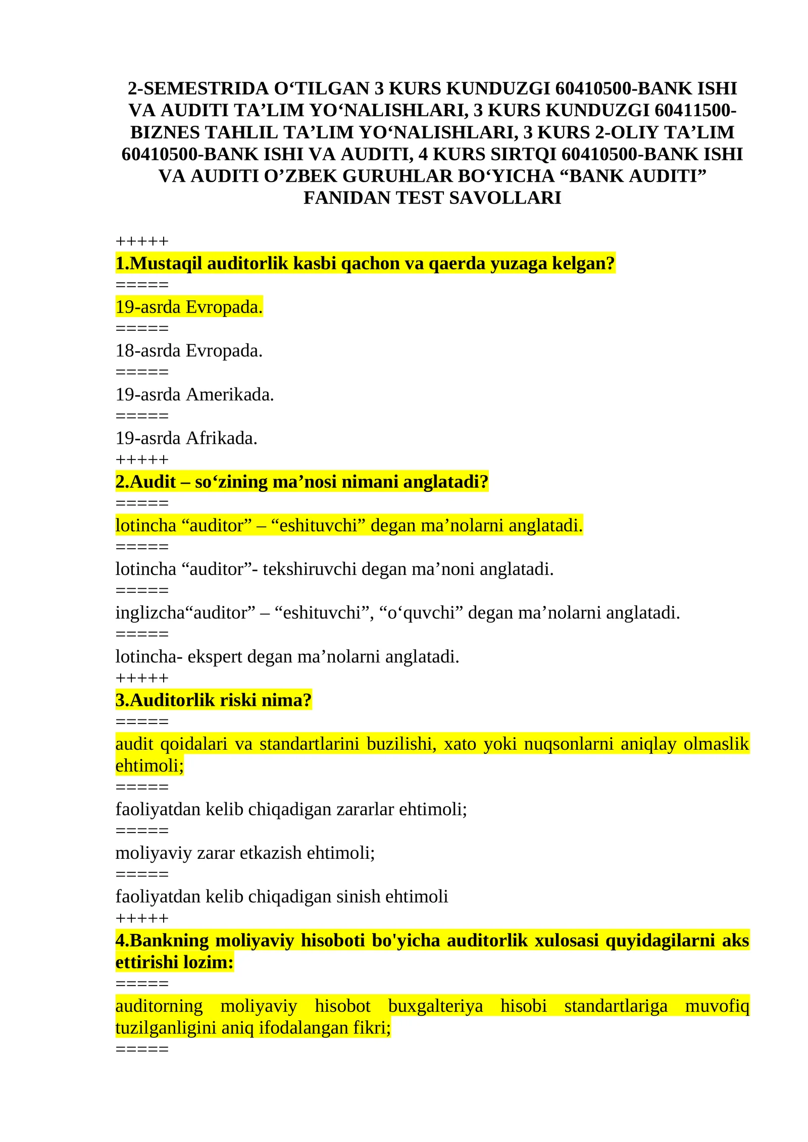 Bank auditi yakuniy test 2025/2026