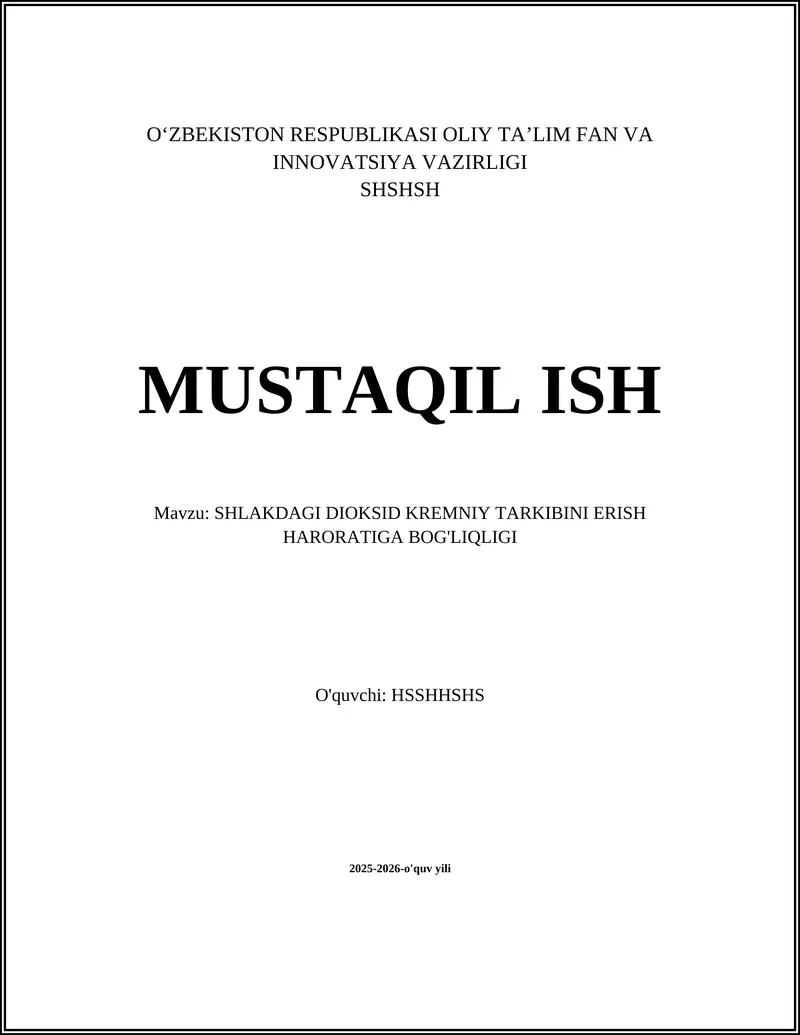 SHLAKDAGI DIOKSID KREMNIY TARKIBINI ERISH HARORATIGA BOG'LIQLIGI