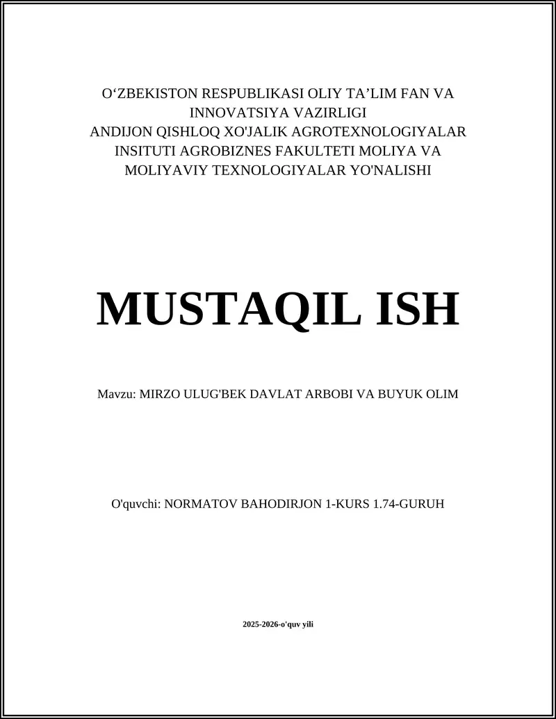 MIRZO ULUG'BEK DAVLAT ARBOBI VA BUYUK OLIM