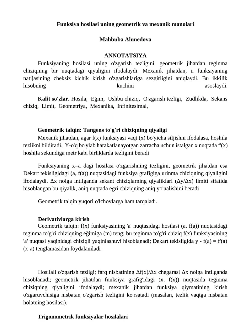 Funksiya hosilasi uning geometrik va mexanik manolari