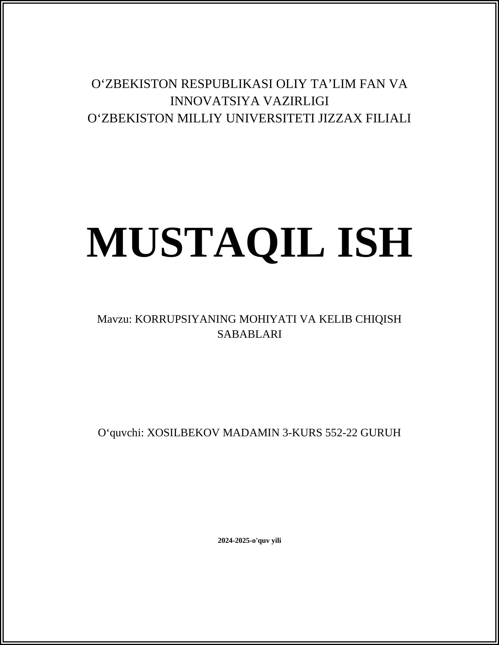 KORRUPSIYANING MOHIYATI VA KELIB CHIQISH SABABLARI