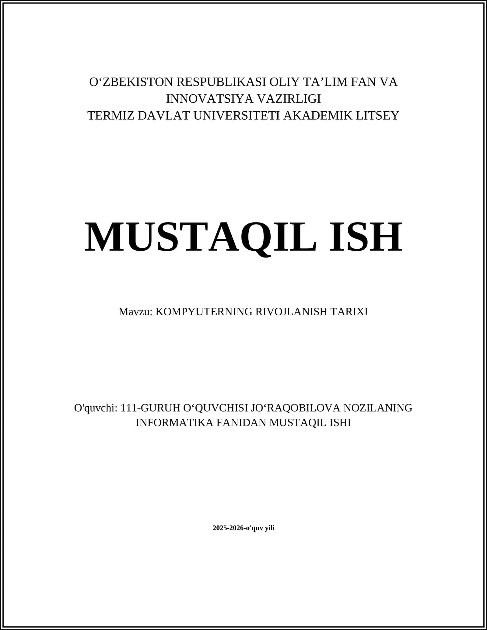 KOMPYUTERNING RIVOJLANISH TARIXI