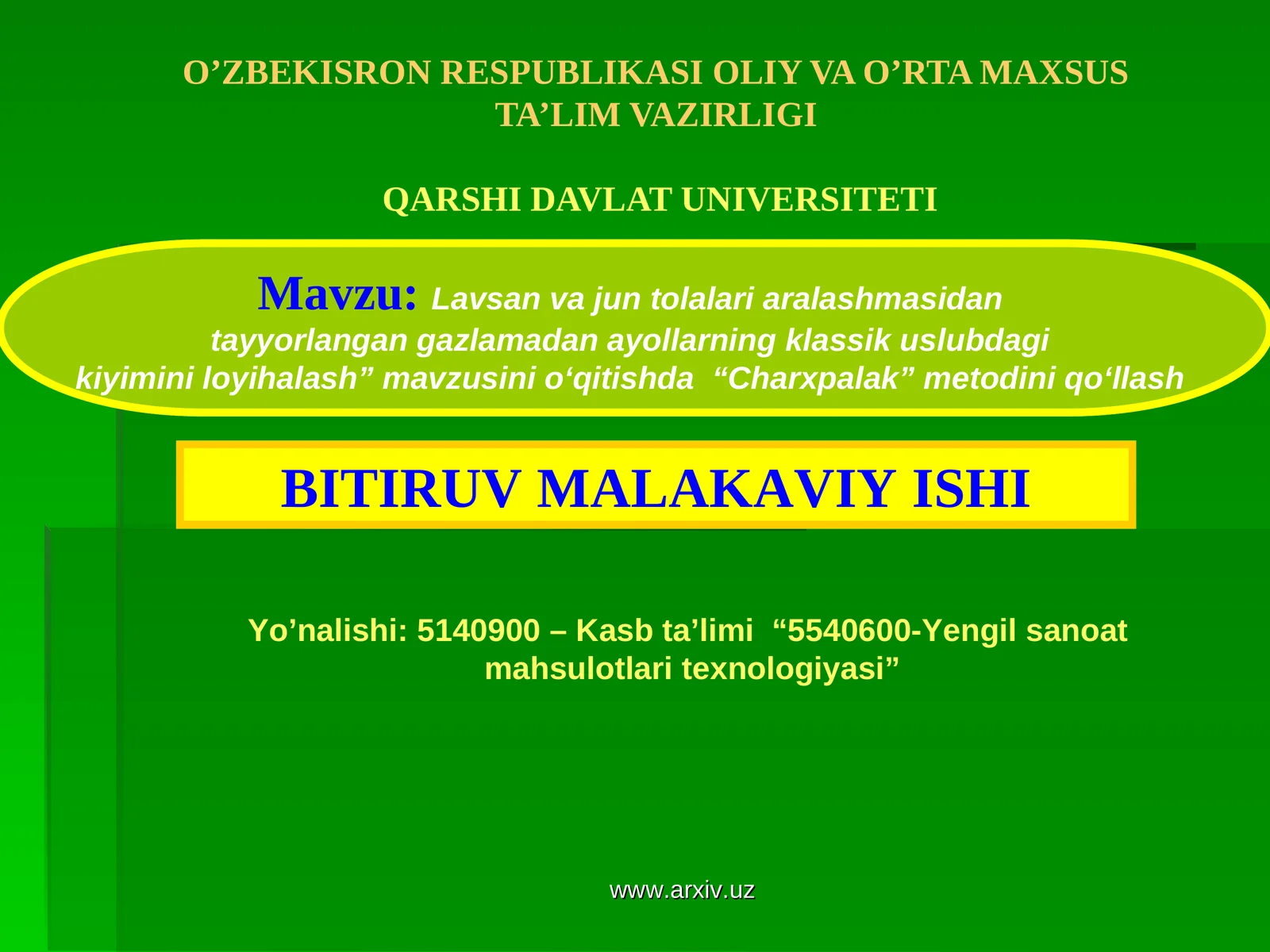 Lavsan va jun tolalari aralashmasidan tayyorlangan gazlamadan ayollarning klassik uslubdagi kiyimini loyihalash”