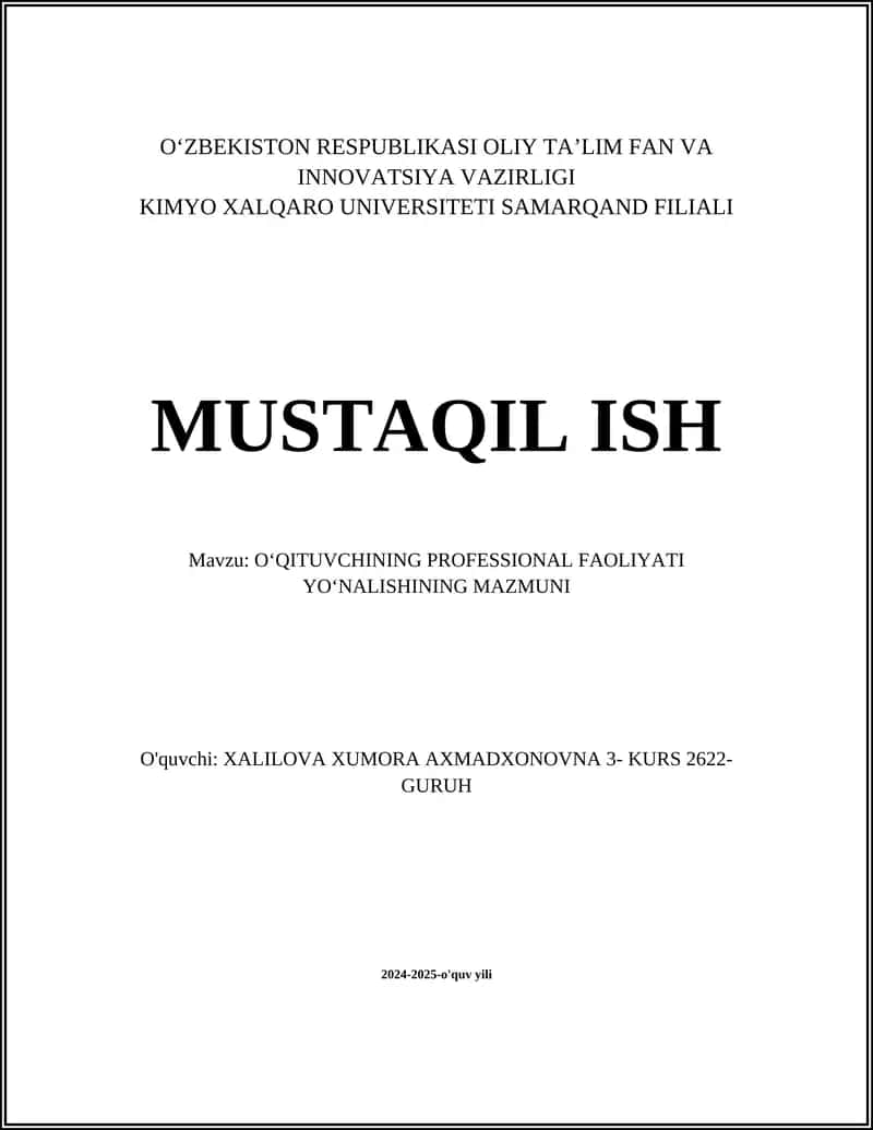 OʻQITUVCHINING PROFESSIONAL FAOLIYATI YOʻNALISHINING MAZMUNI