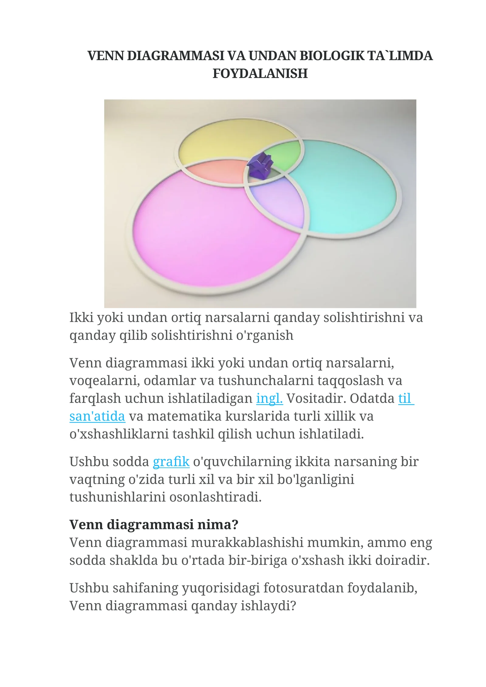 Venn diagrammasi va undan biologik ta`limda foydalanish