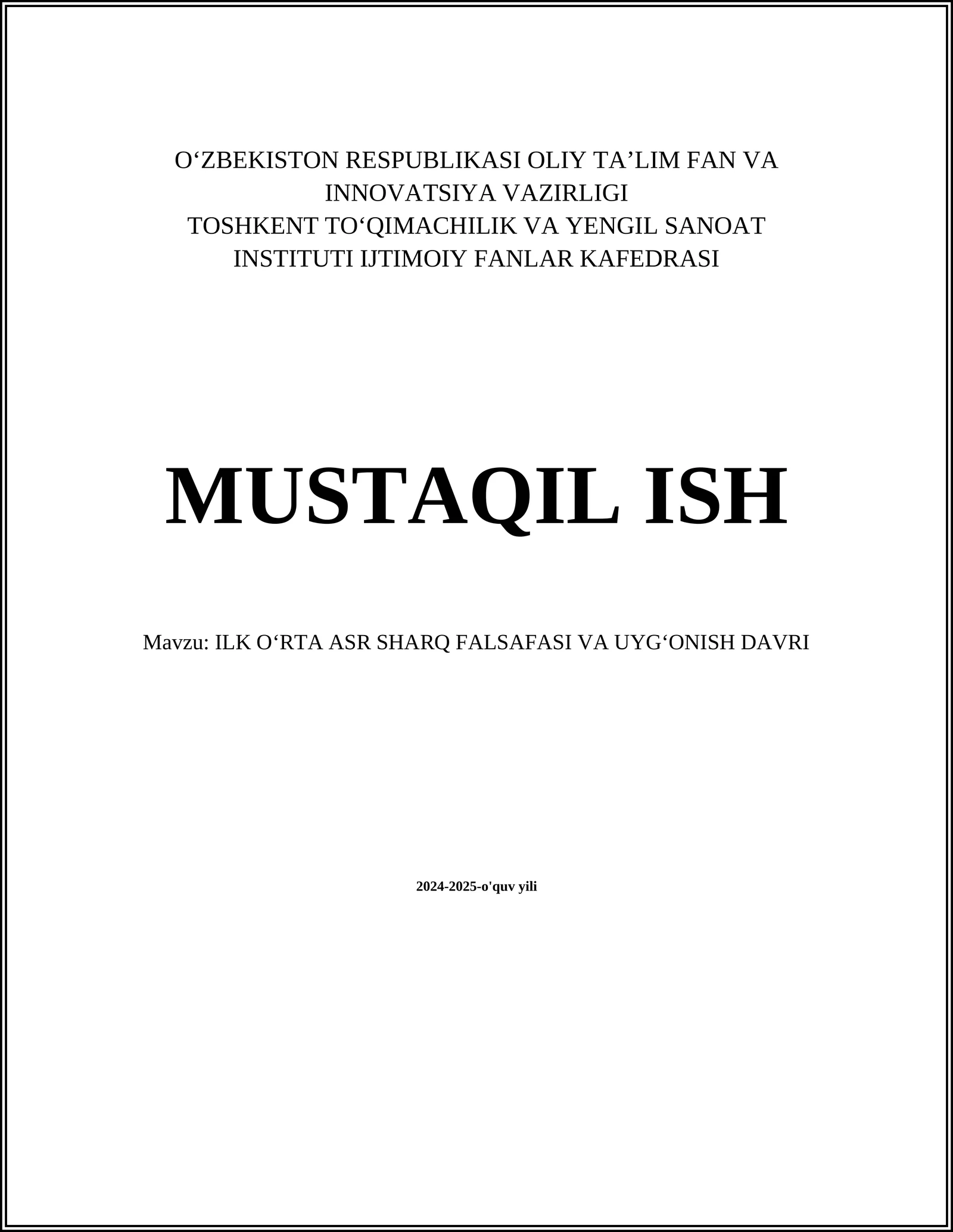 ILK OʻRTA ASR SHARQ FALSAFASI VA UYGʻONISH DAVRI