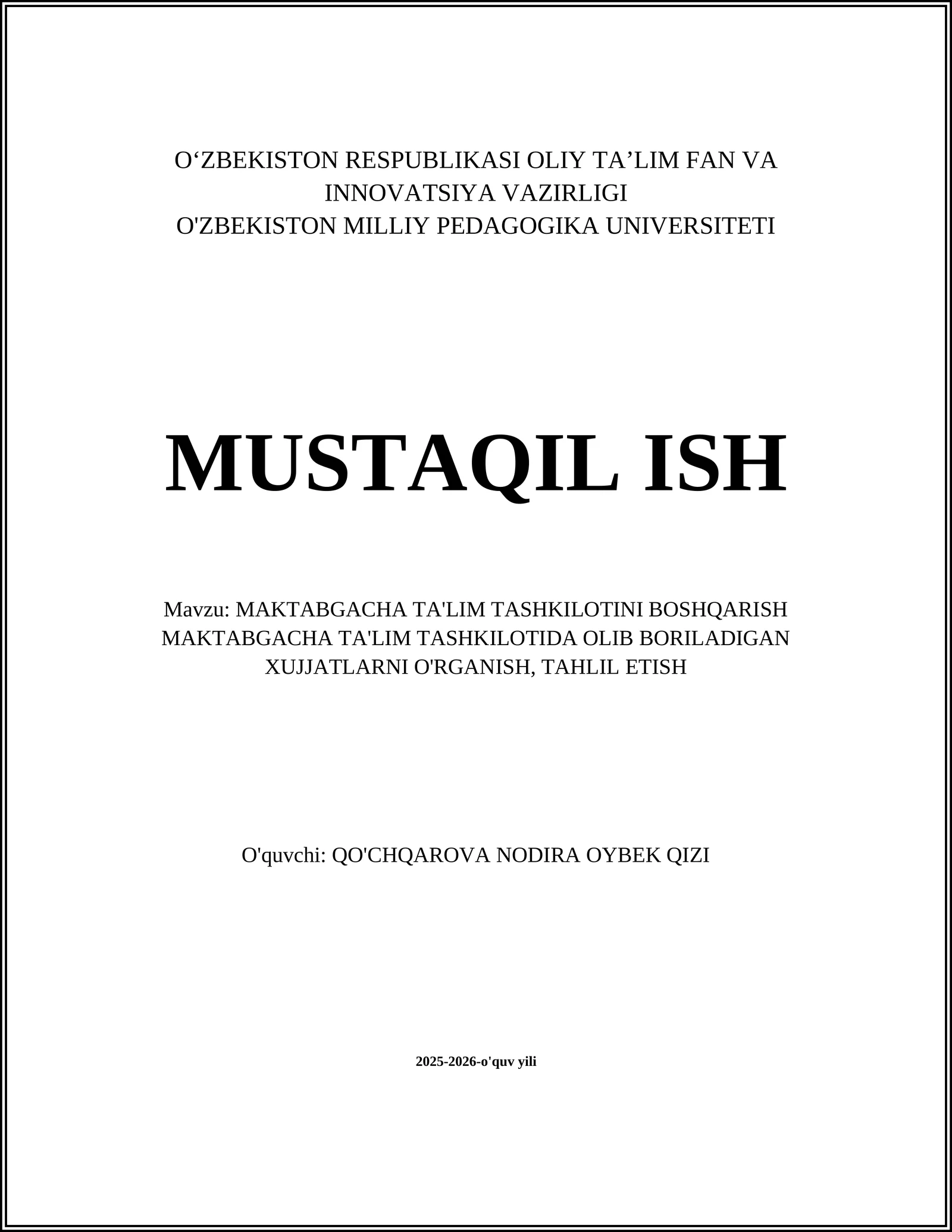 MAKTABGACHA TA'LIM TASHKILOTINI BOSHQARISH