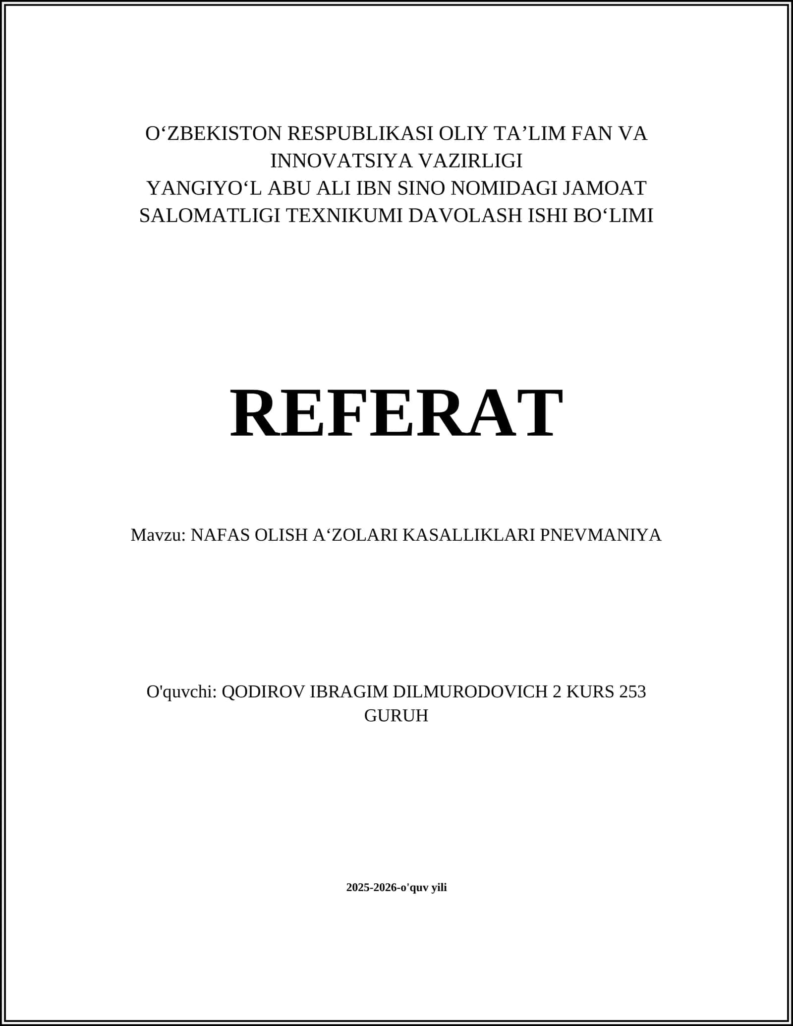 NAFAS OLISH A‘ZOLARI KASALLIKLARI PNEVMANIYA
