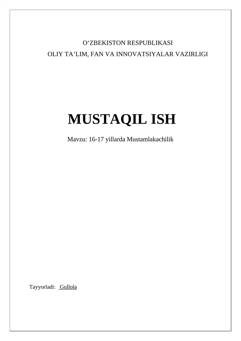 16-17 yillarda Mustamlakachilik