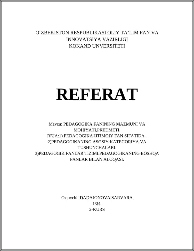 PEDAGOGIKA FANINING MAZMUNI VA MOHIYATI,PREDMETI