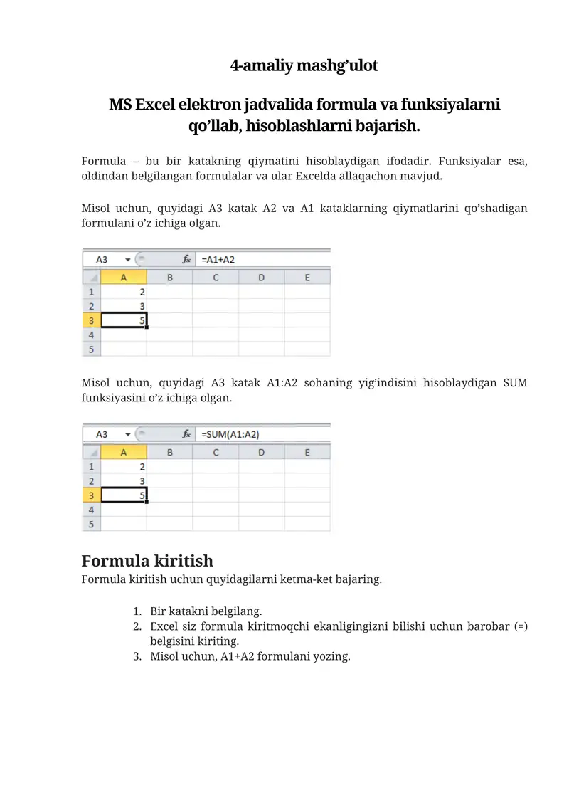 MS Excel elektron jadvalida formula va funksiyalarni qo’llab, hisoblashlarni bajarish