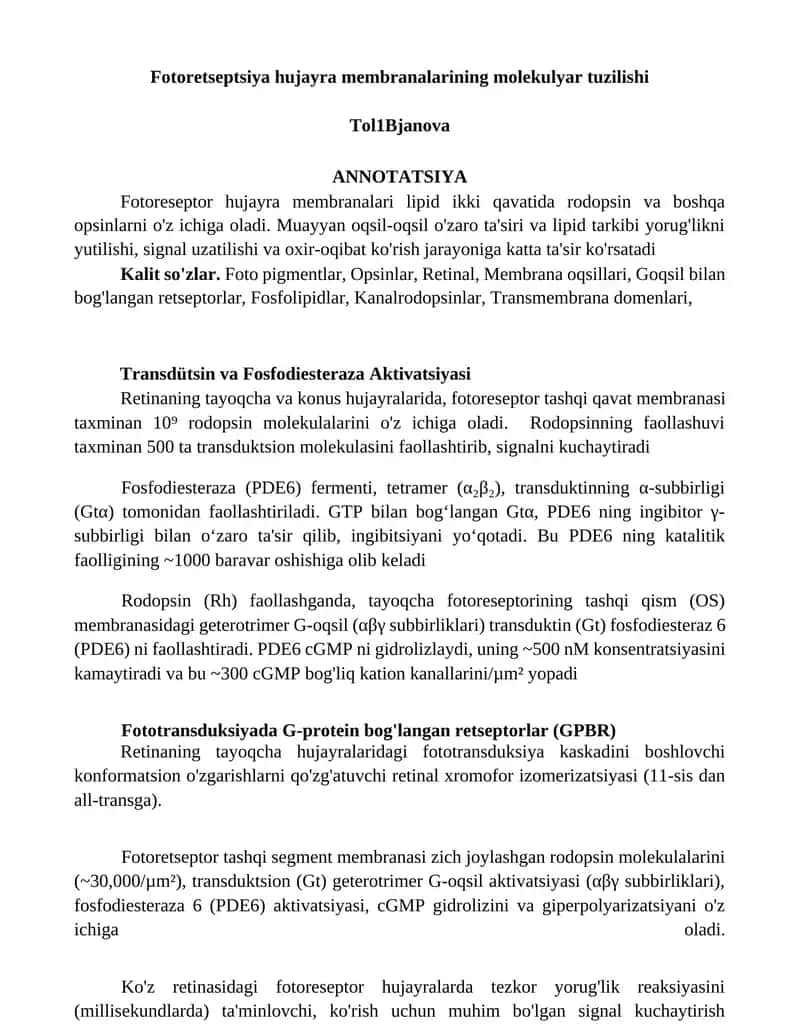 Fotoretseptsiya hujayra membranalarining molekulyar tuzilishi
