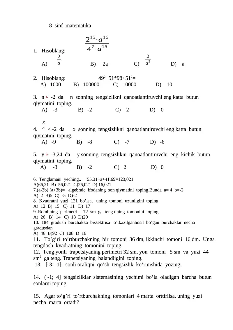 8 sinf matematika