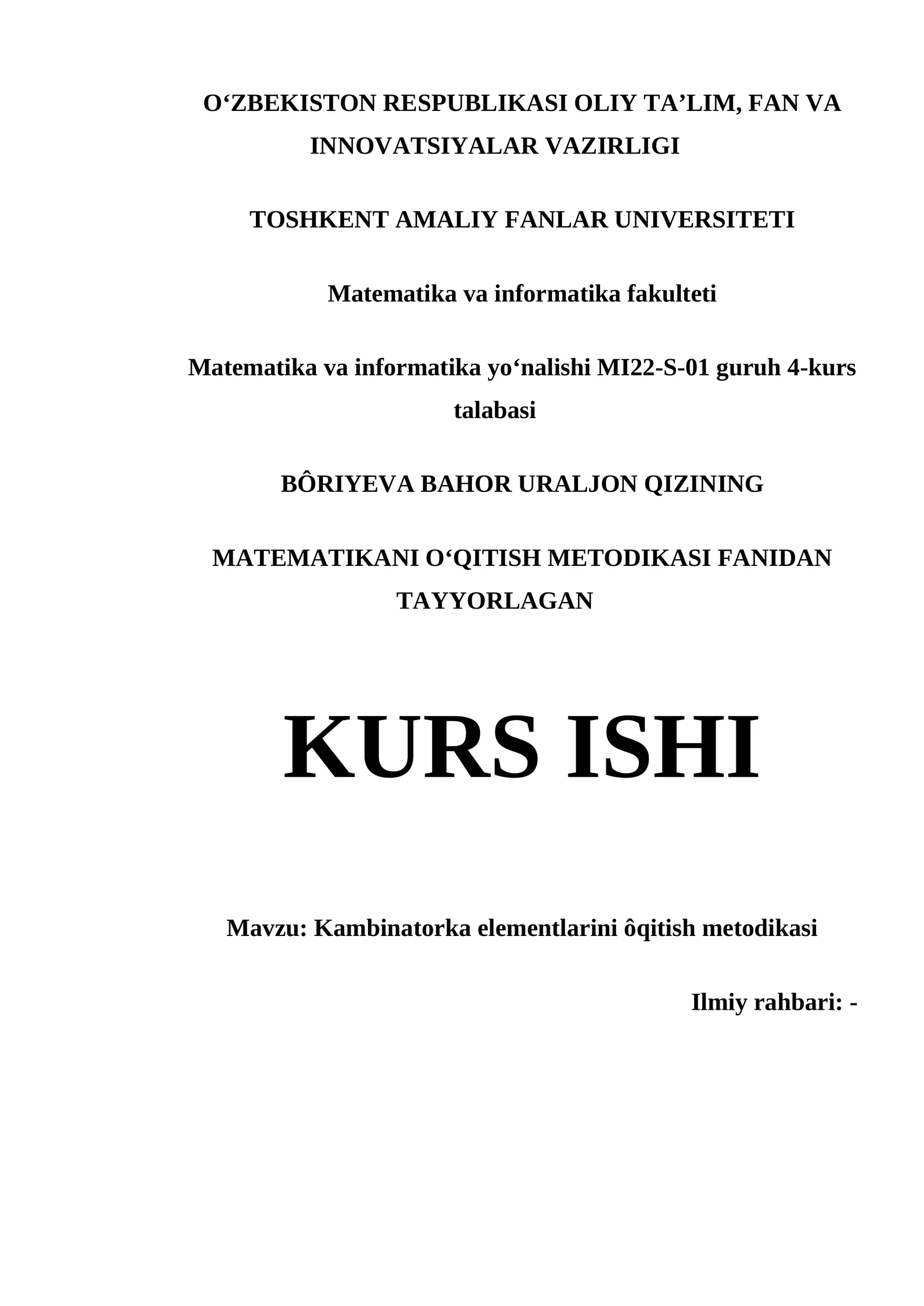 KAMBINATORKA ELEMENTLARINI ÔQITISH METODIKASI