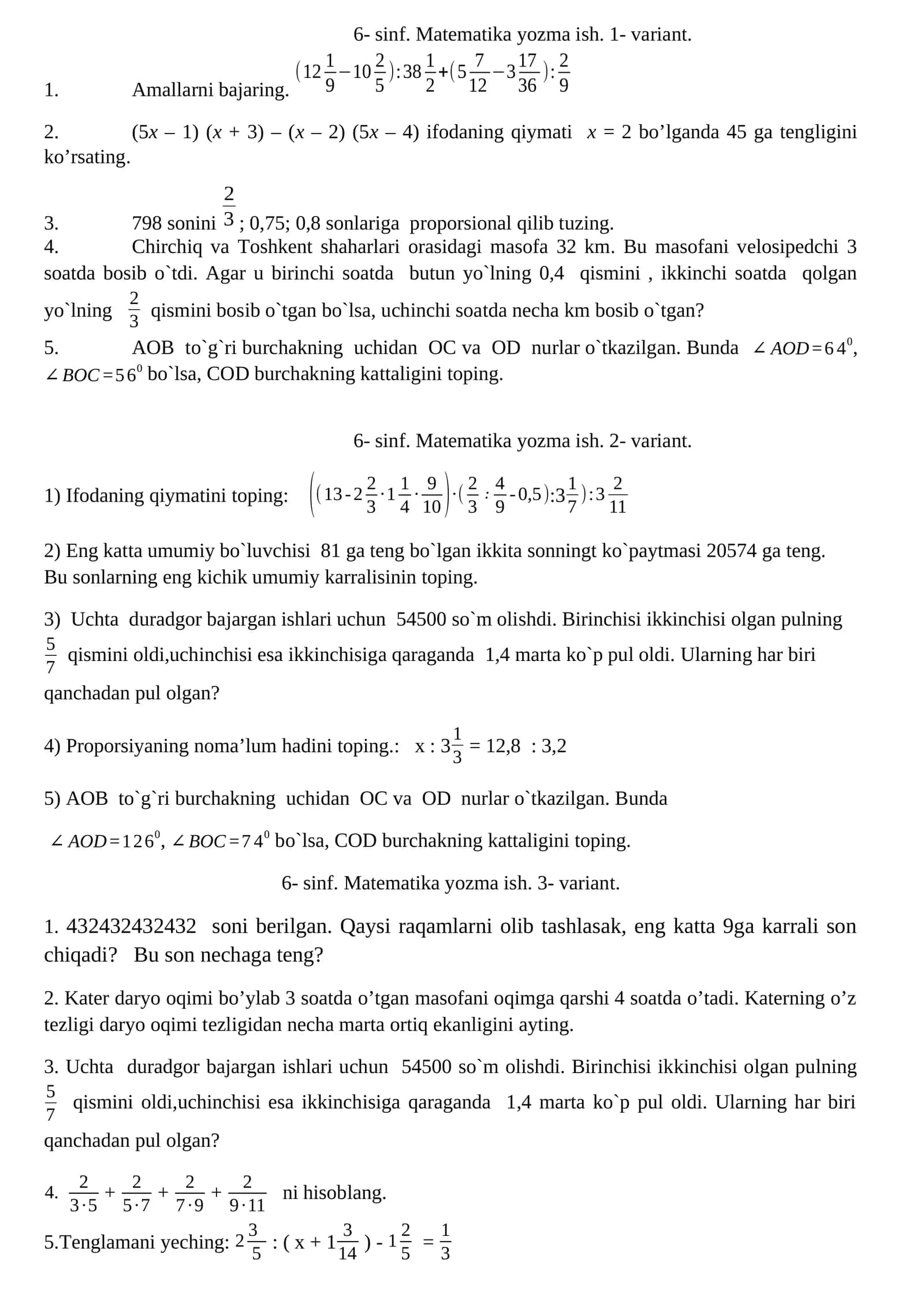 6- sinf. Matematika yozma ish. 1- variant