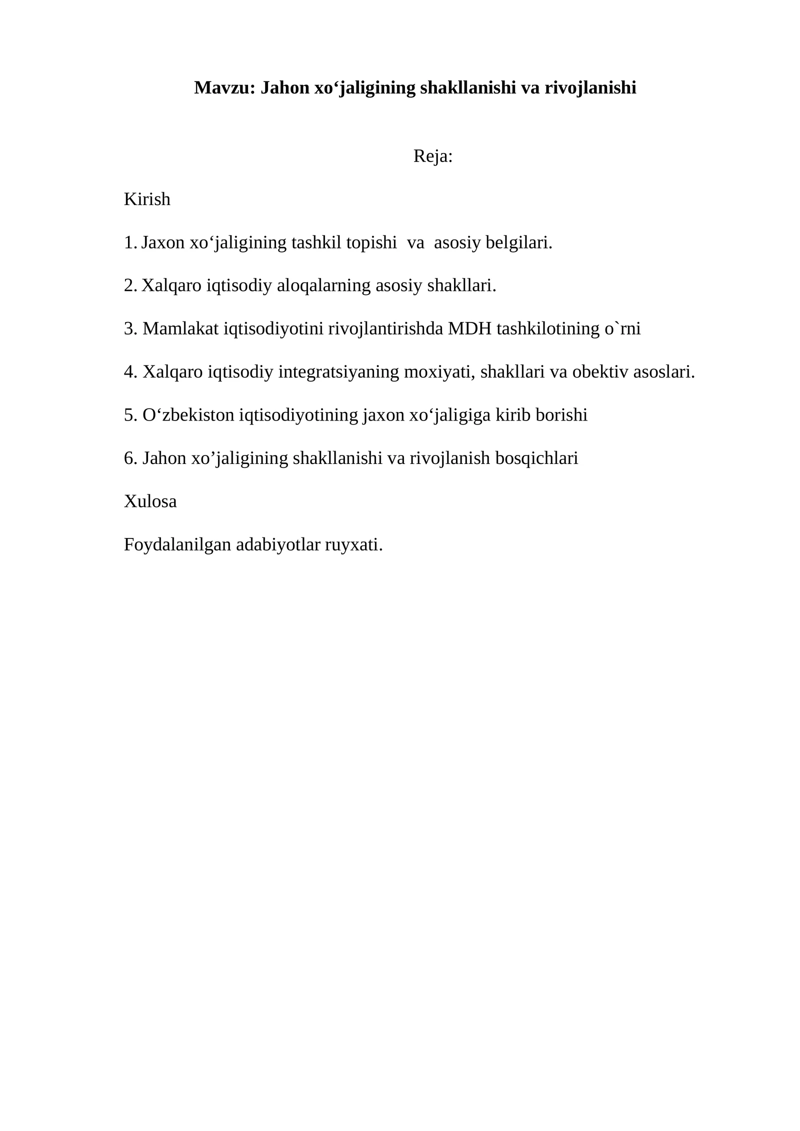 Jahon xo‘jaligining shakllanishi va rivojlanishi