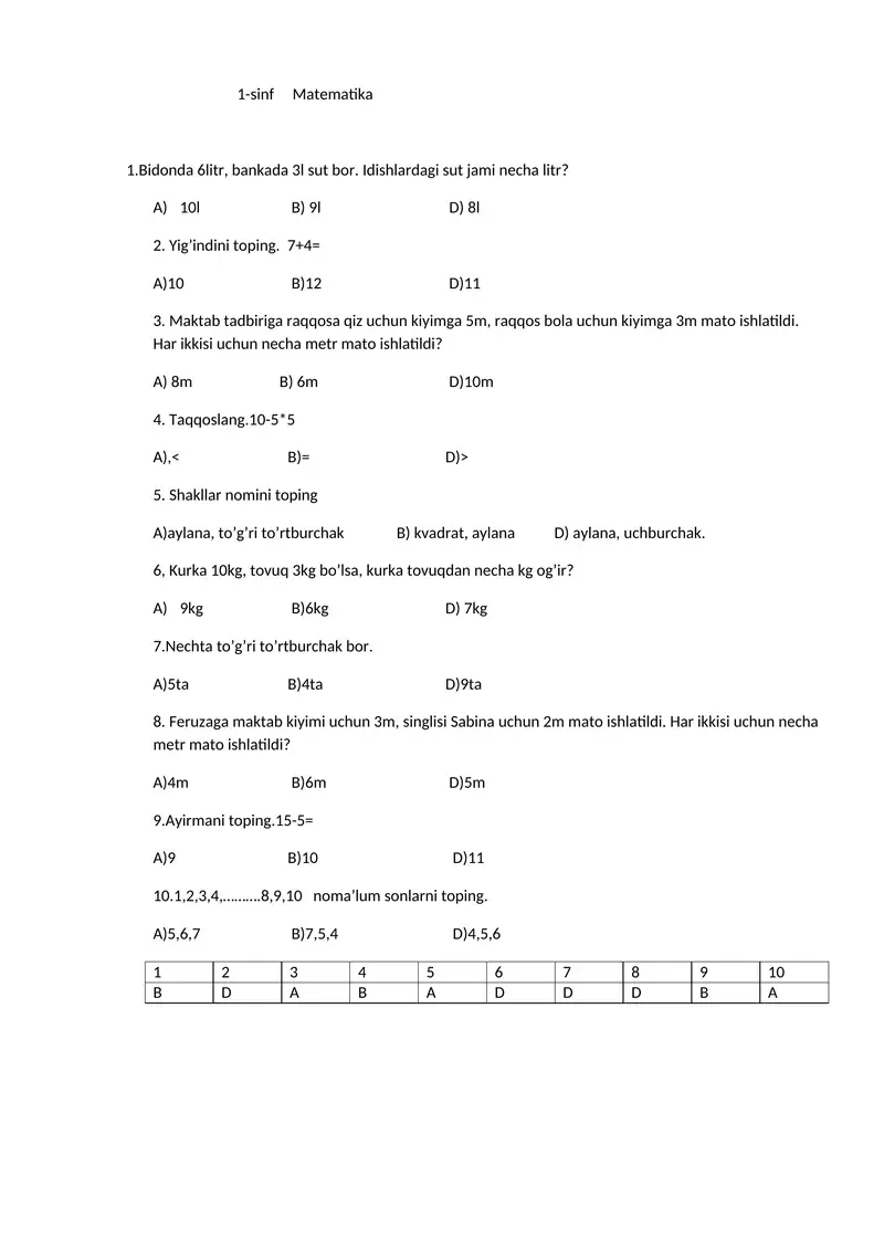 1-sinf Matematika