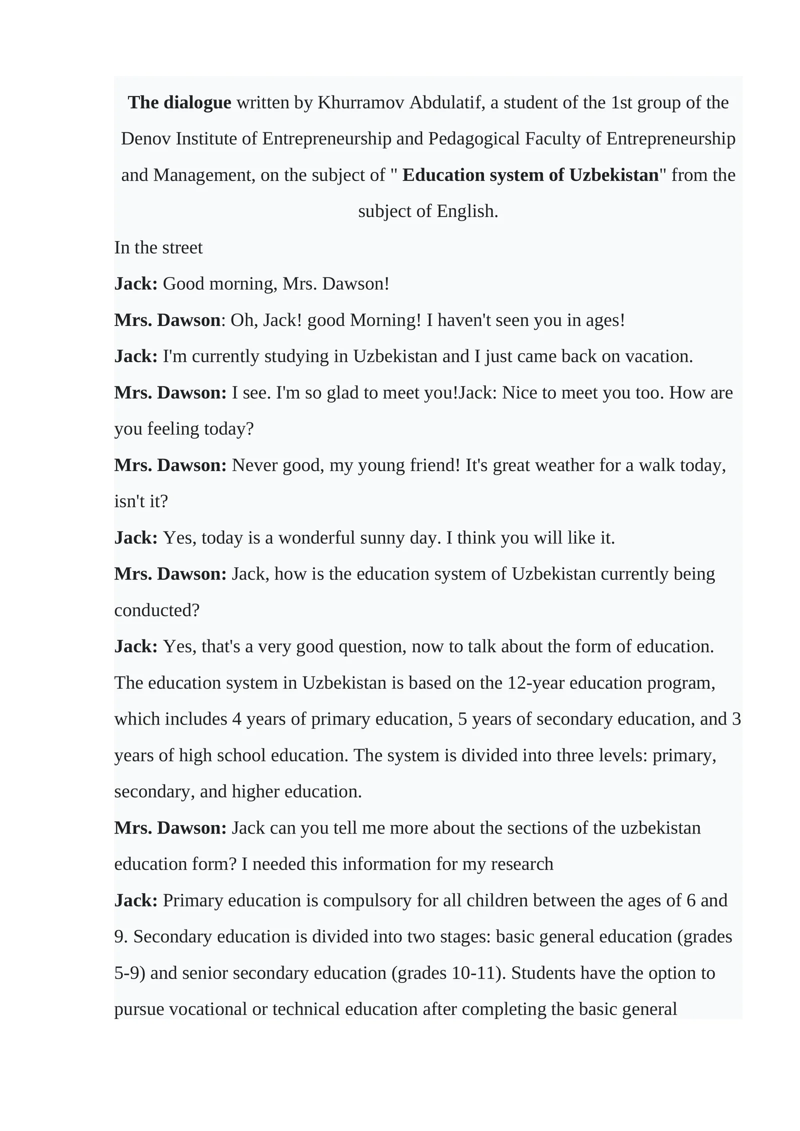 The dialogue Education system of Uzbekistan
