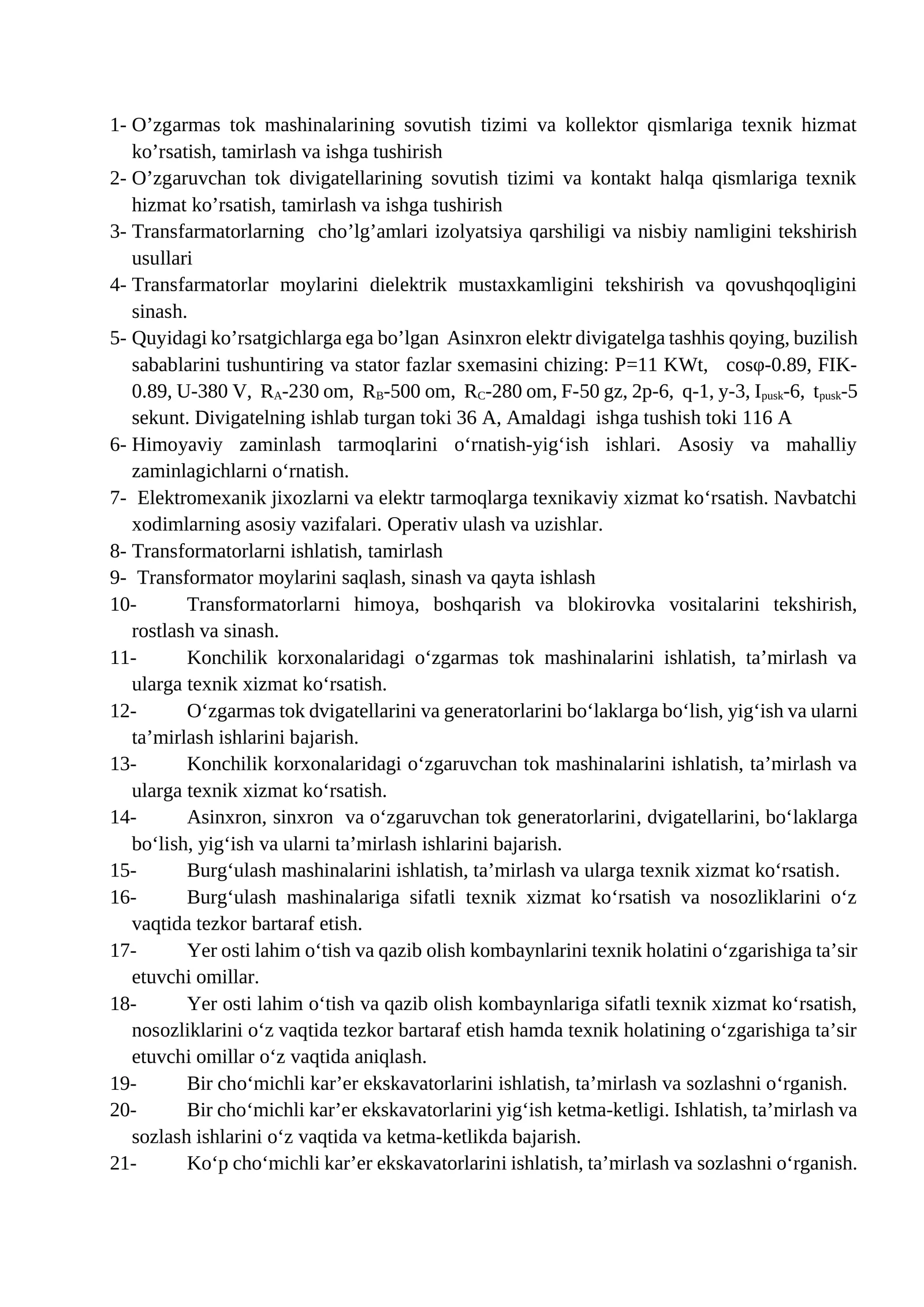 O’zgarmas tok mashinalarining sovutish tizimi va kollektor qismlariga texnik hizmat ko’rsatish, tamirlash va ishga tushirish