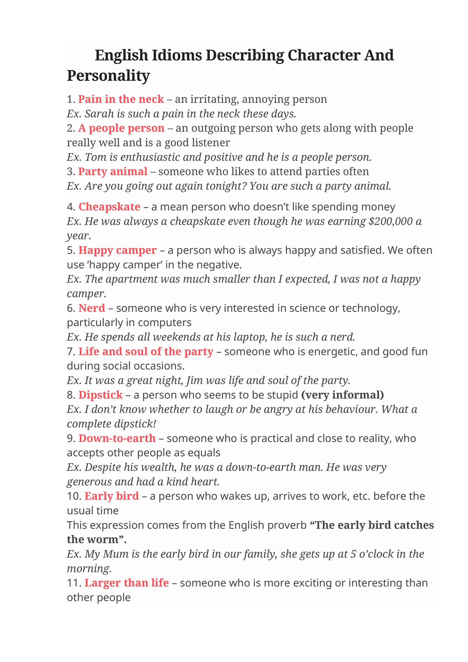 English Idioms Describing Character And Personality