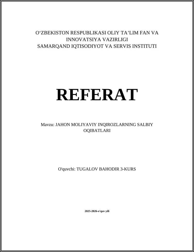 JAHON MOLIYAVIY INQIROZLARNING SALBIY OQIBATLARI