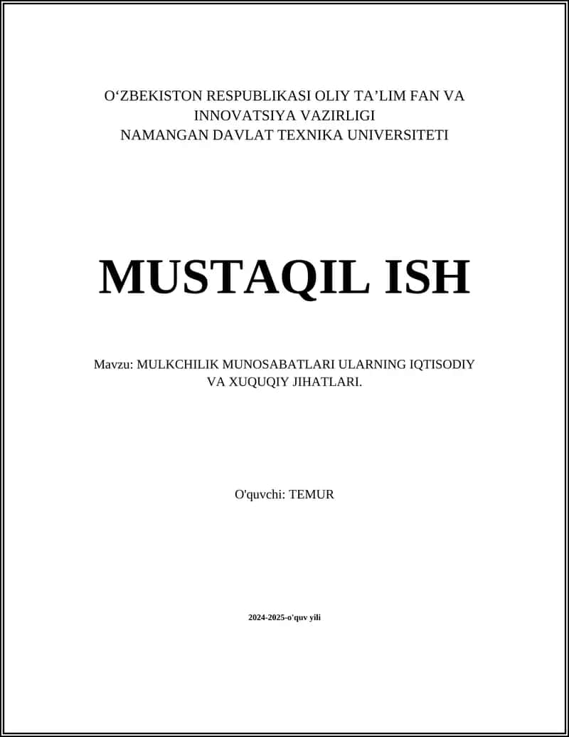 Mulkchilik Munosabatlari Ularning Iqtisodiy va Xuquqiy Jihatlari