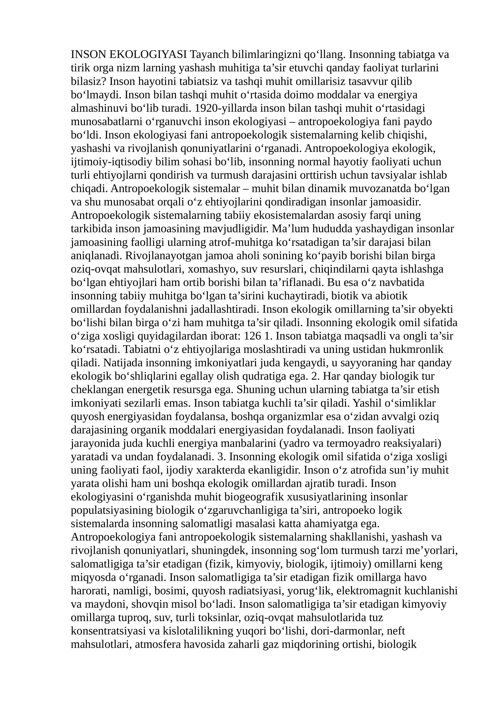 INSON EKOLOGIYASI