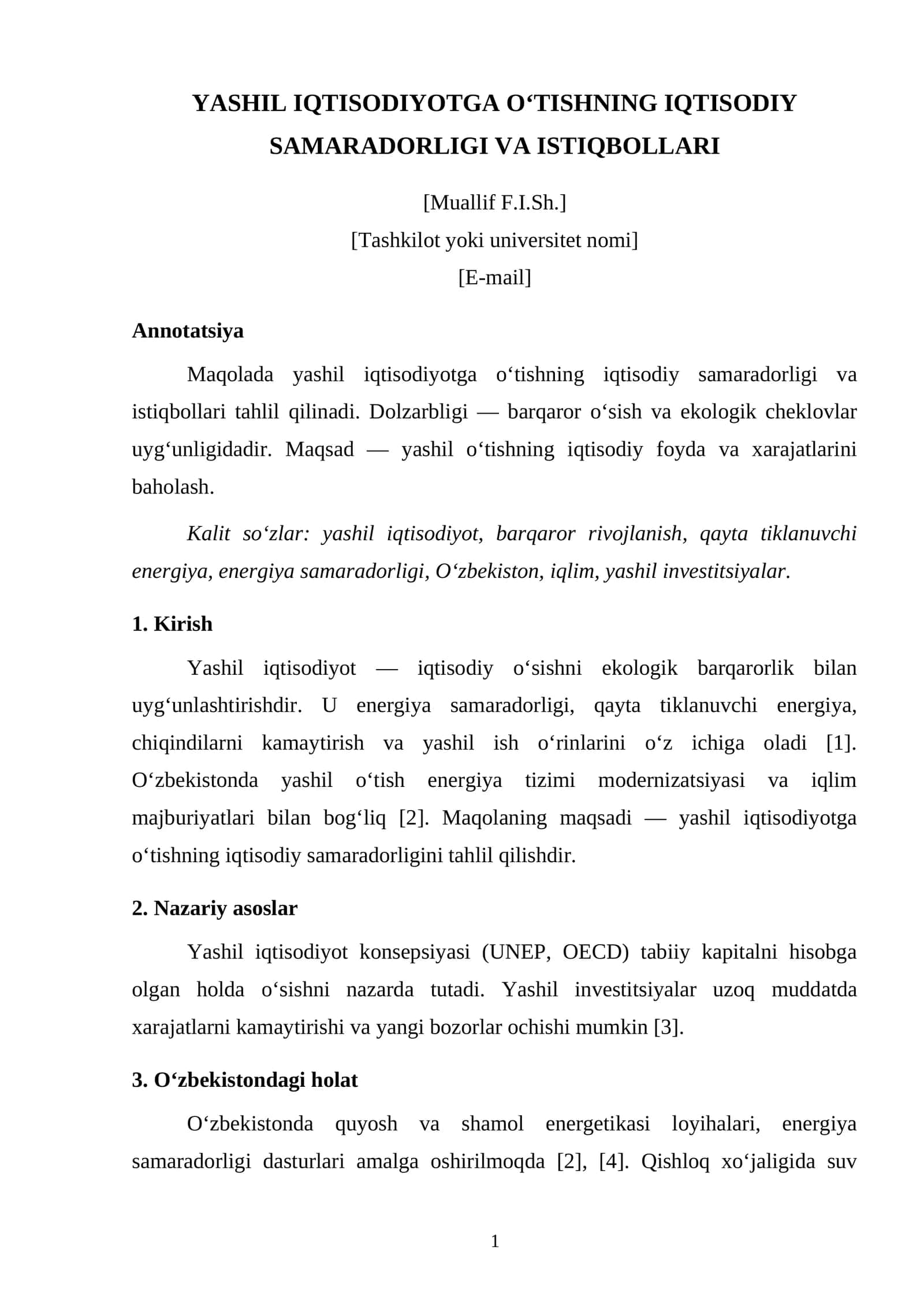 YASHIL IQTISODIYOTGA O‘TISHNING IQTISODIY SAMARADORLIGI VA ISTIQBOLLARI